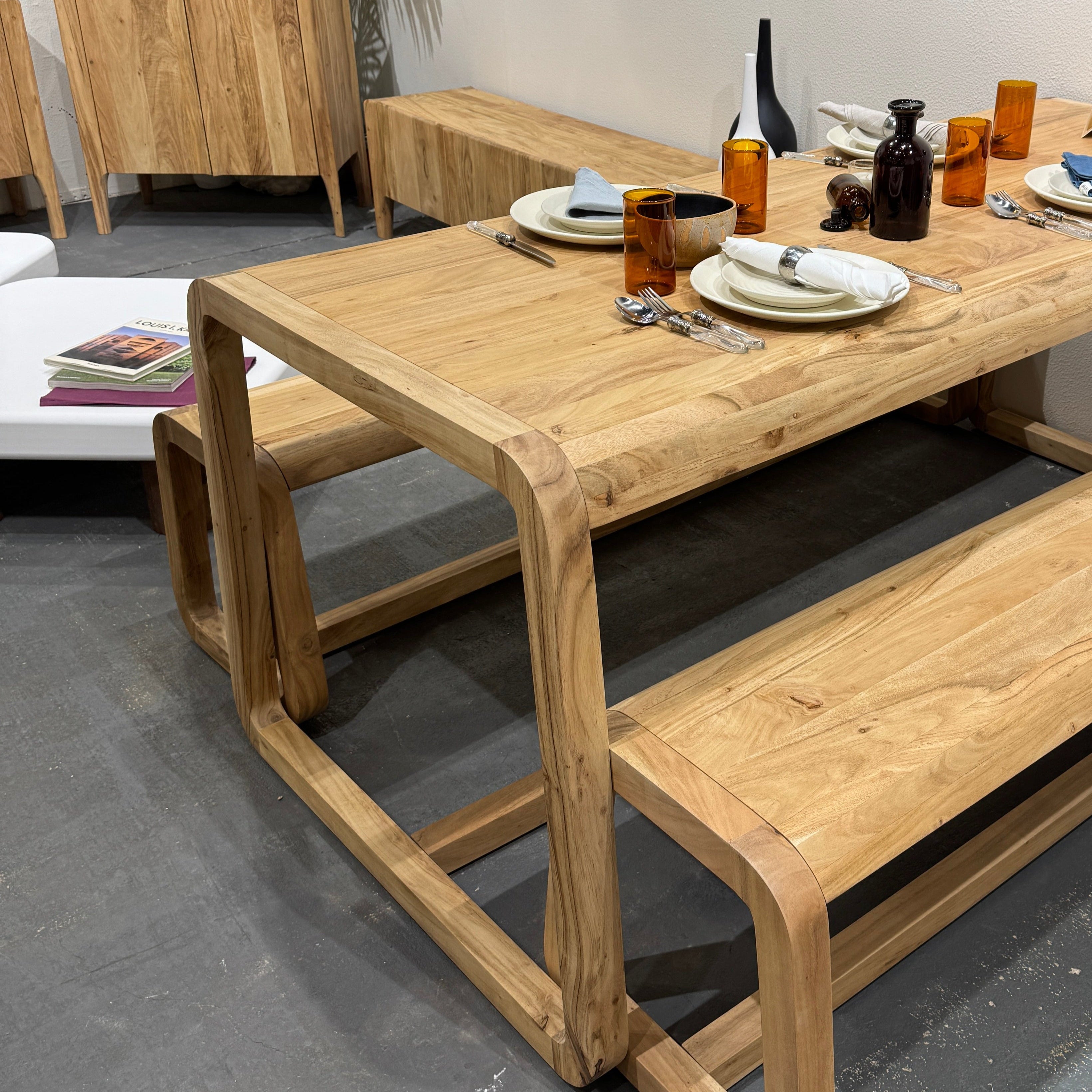 Amaya Solid Acacia Wood Dining Table and Bench Set