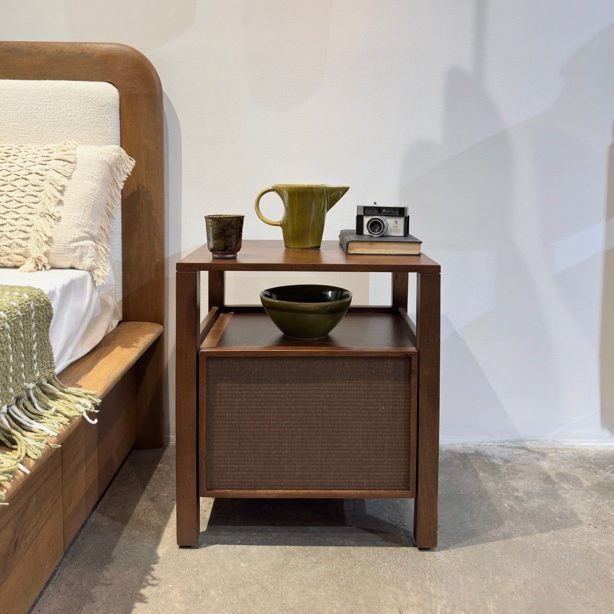 Kumiko Solid Mango Wood and Tatami Bedside Table in Brown