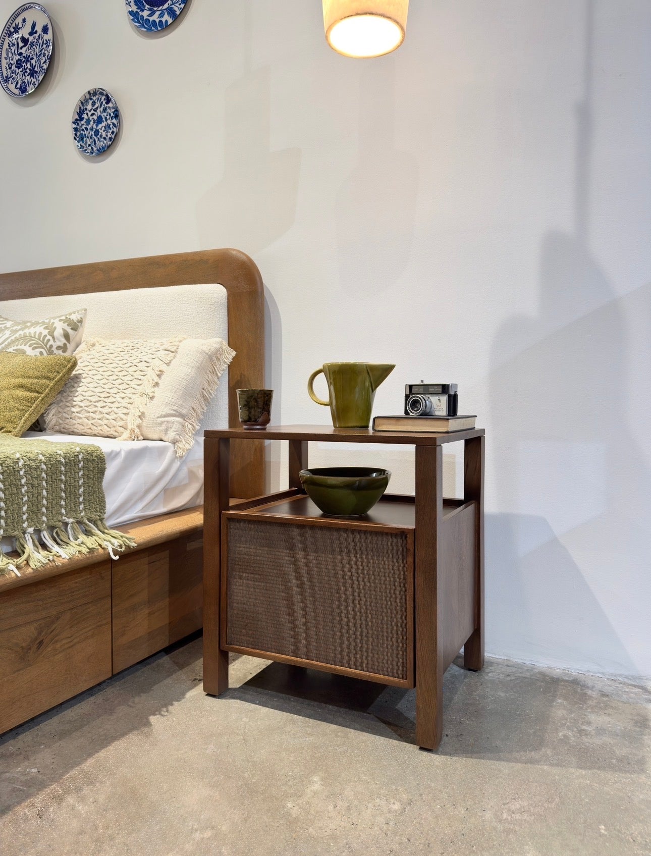 Kumiko Solid Mango Wood and Tatami Bedside Table in Brown