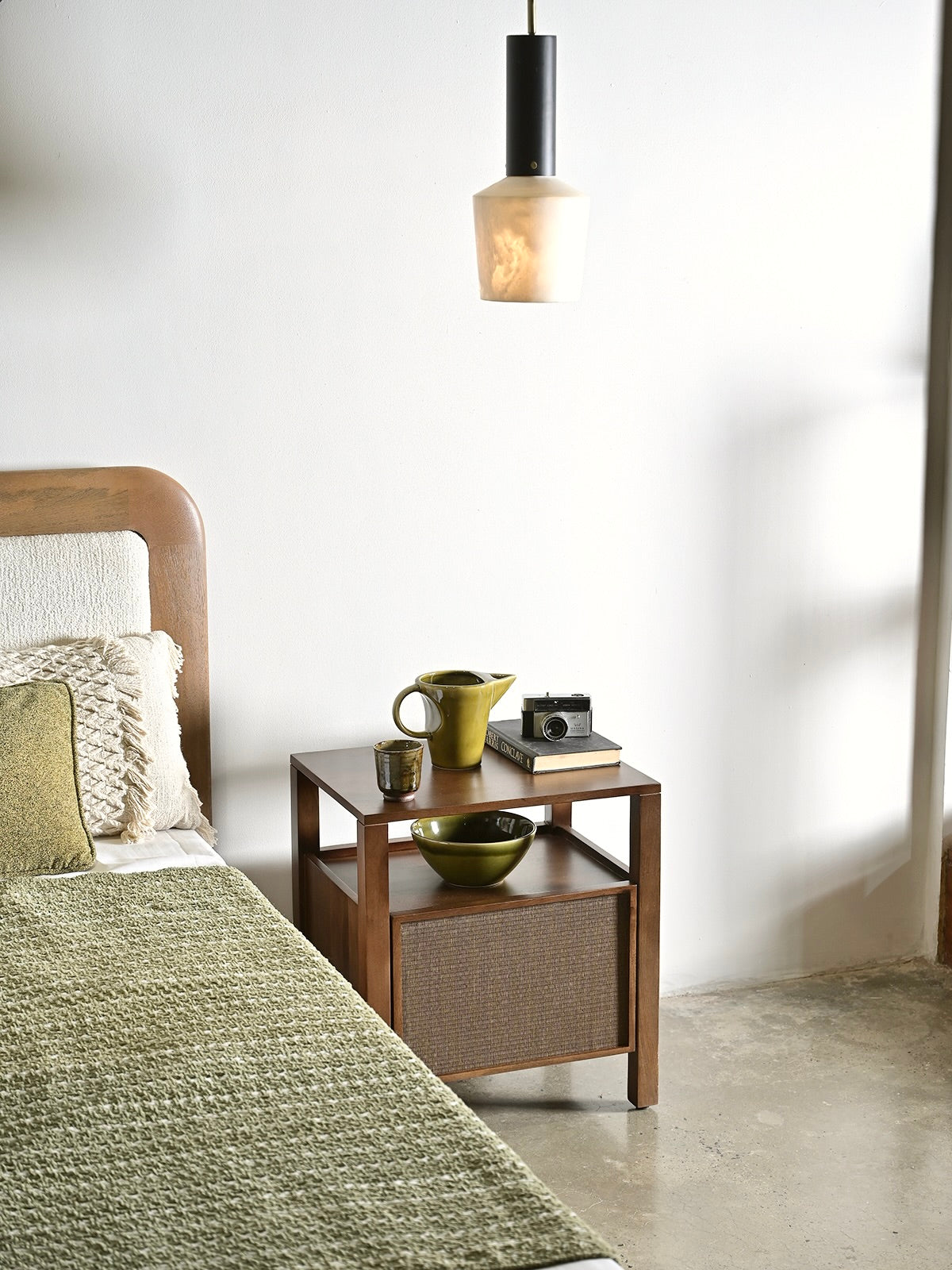 Kumiko Solid Mango Wood and Tatami Bedside Table in Brown