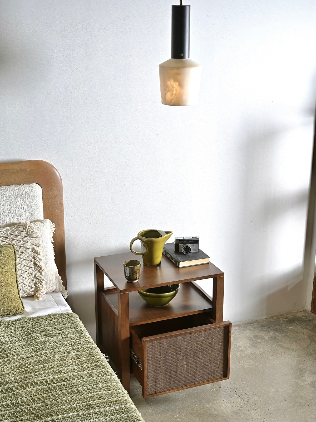 Kumiko Solid Mango Wood and Tatami Bedside Table in Brown