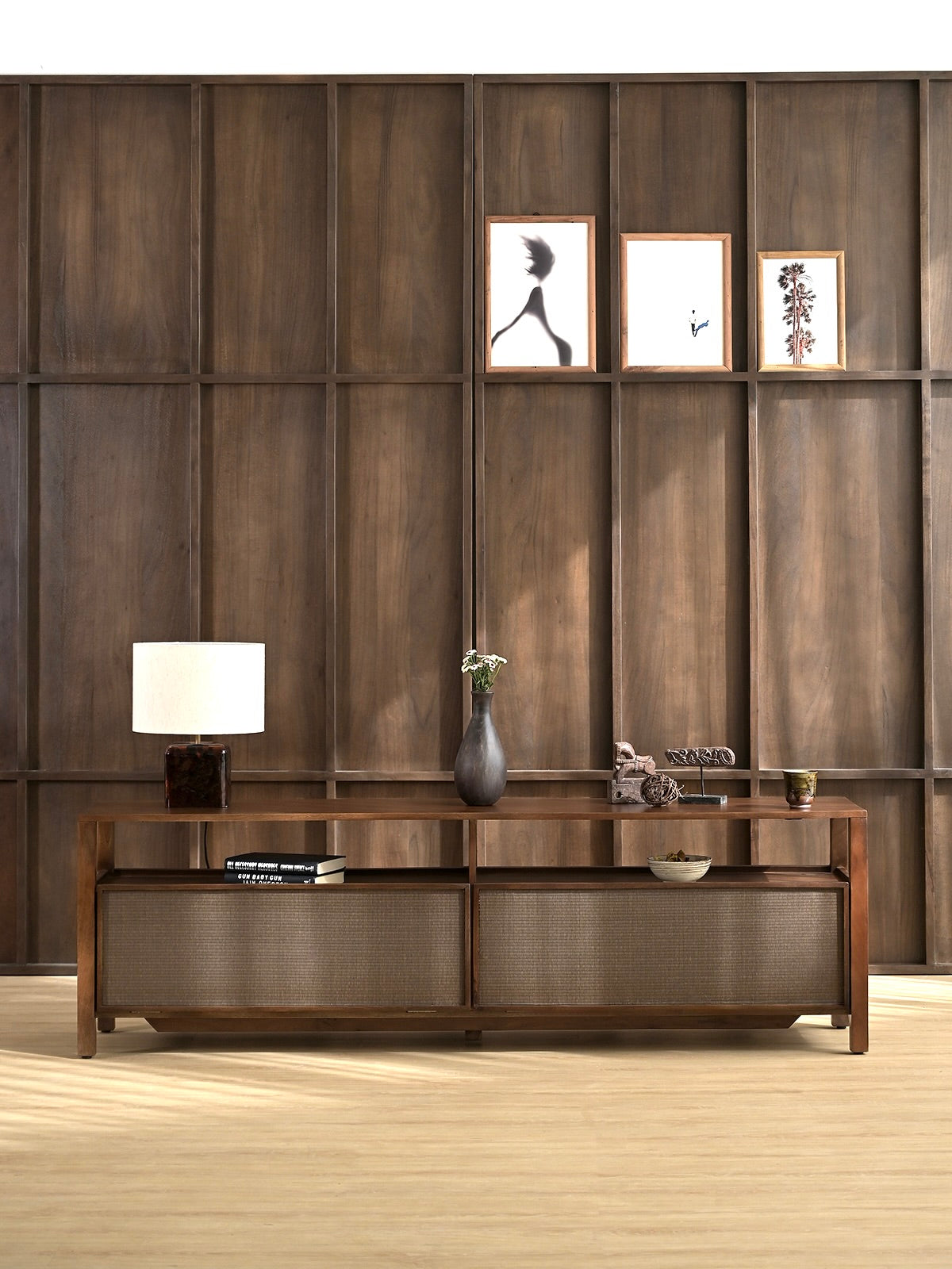 Kumiko Solid Mango Wood and Tatami TV Stand in Brown (2 Sizes)