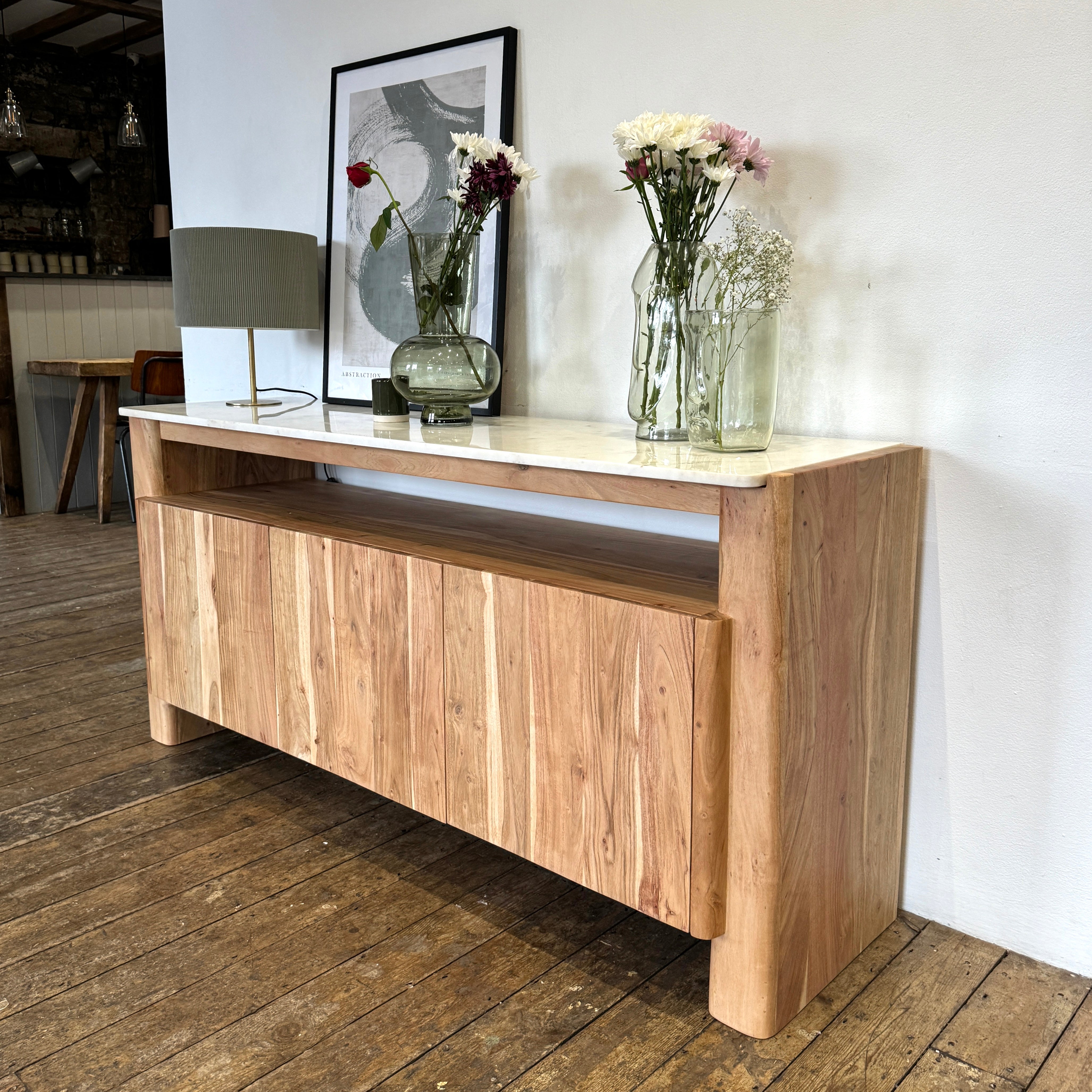 Bali Solid Acacia Wood & Marble 3 Door Sideboard