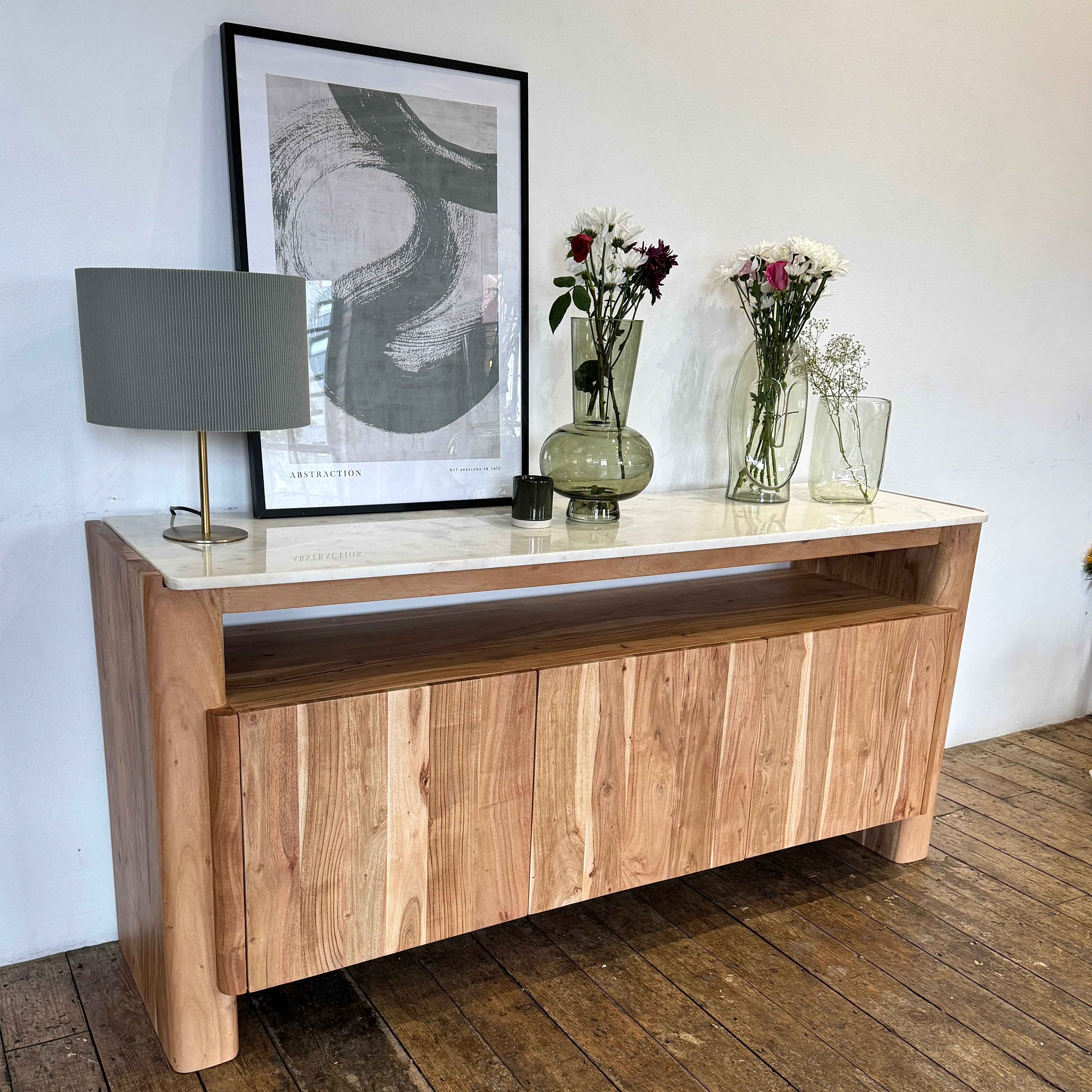 Bali Solid Acacia Wood & Marble 3 Door Sideboard