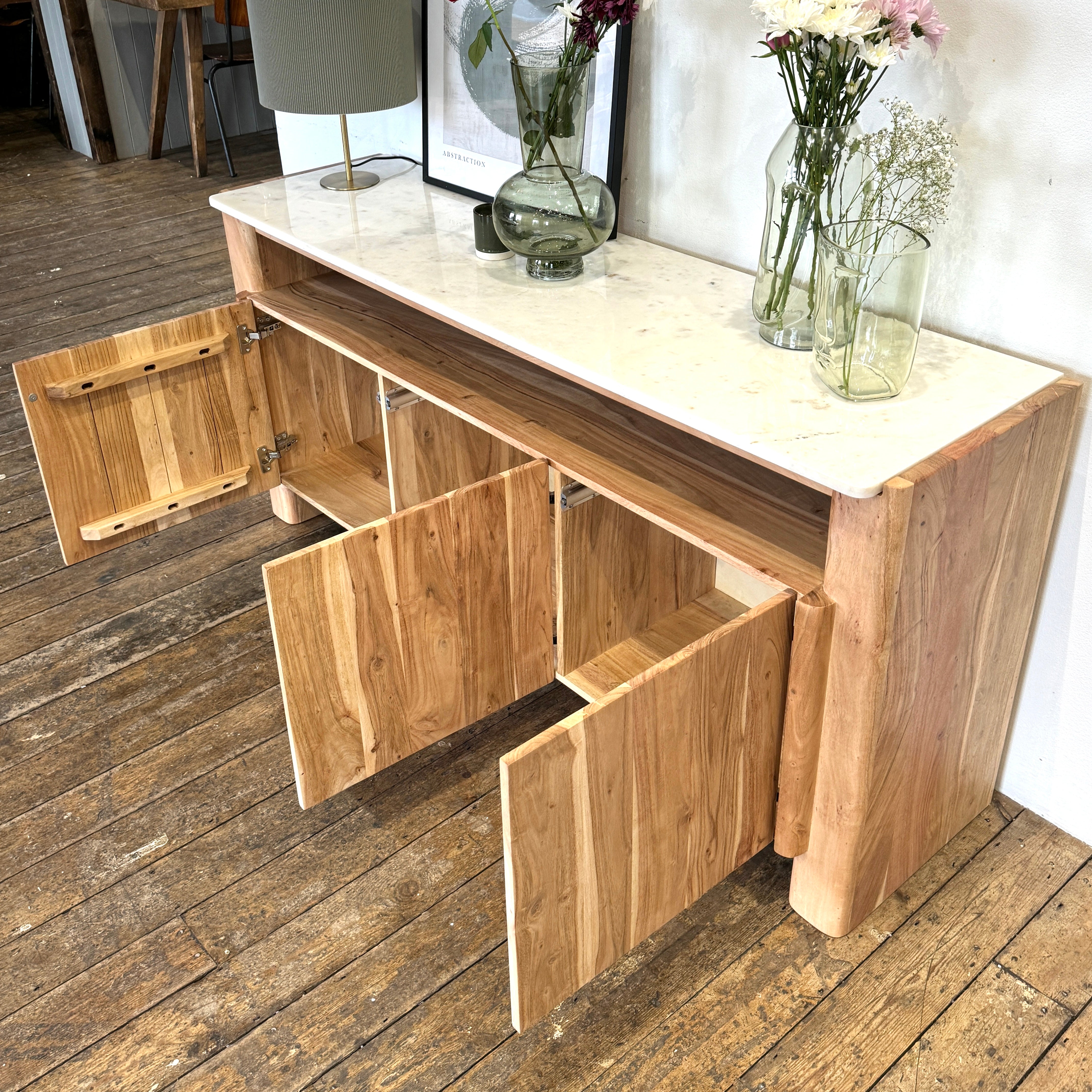 Bali Solid Acacia Wood & Marble 3 Door Sideboard