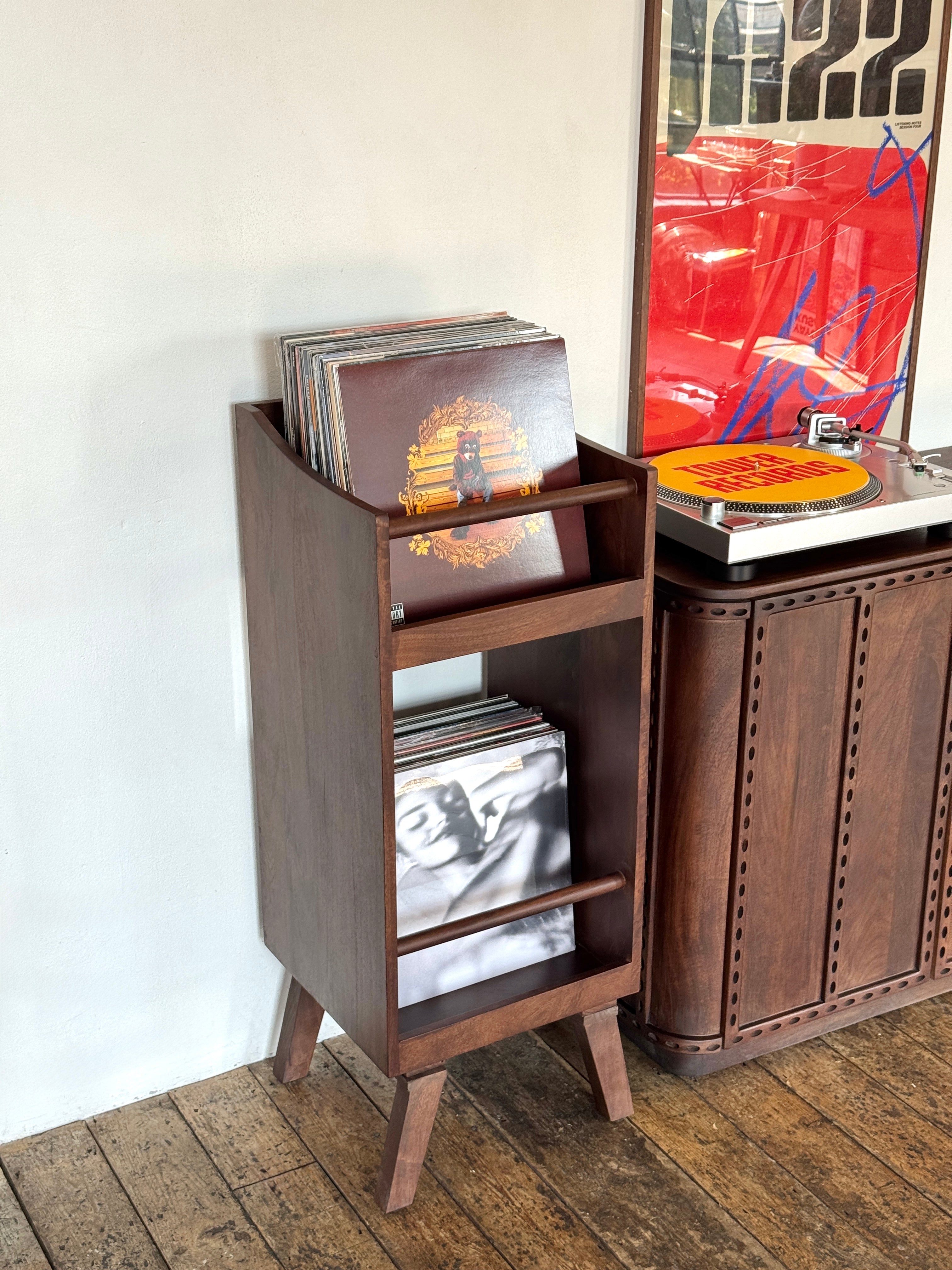 Spin Solid Mango Wood Small Vinyl Storage Stand in Walnut