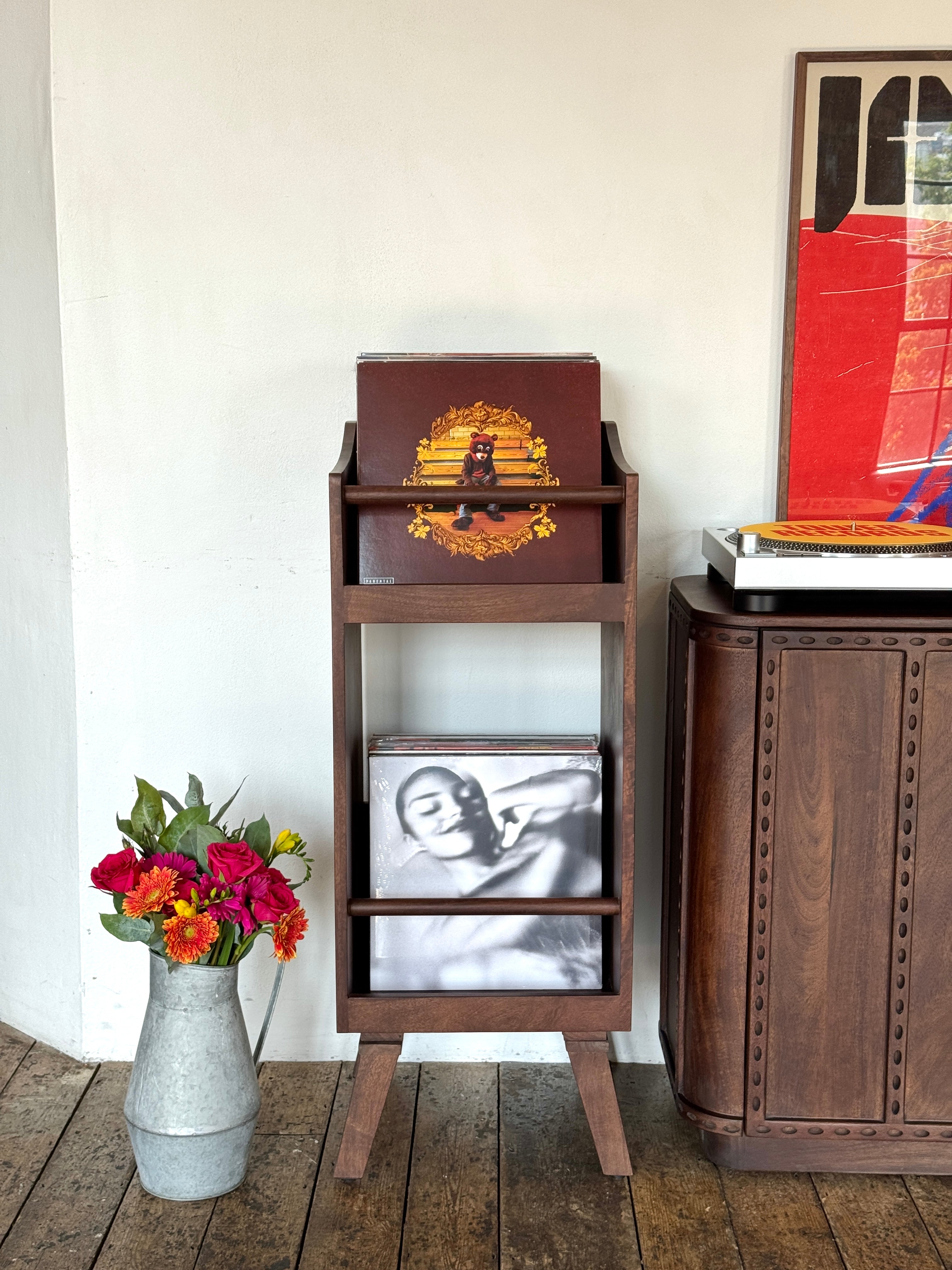 Spin Solid Mango Wood Small Vinyl Storage Stand in Walnut