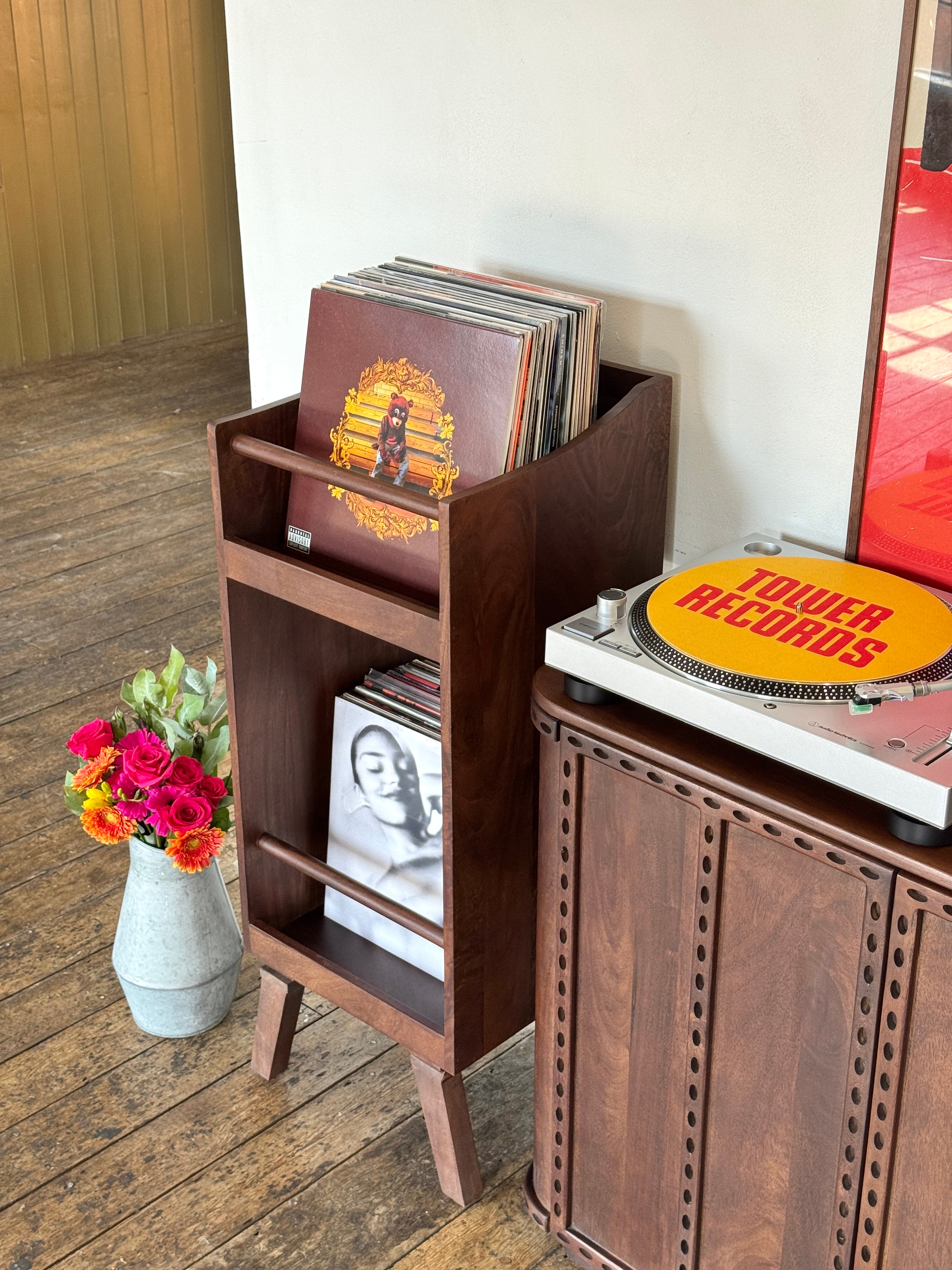Spin Solid Mango Wood Small Vinyl Storage Stand in Walnut