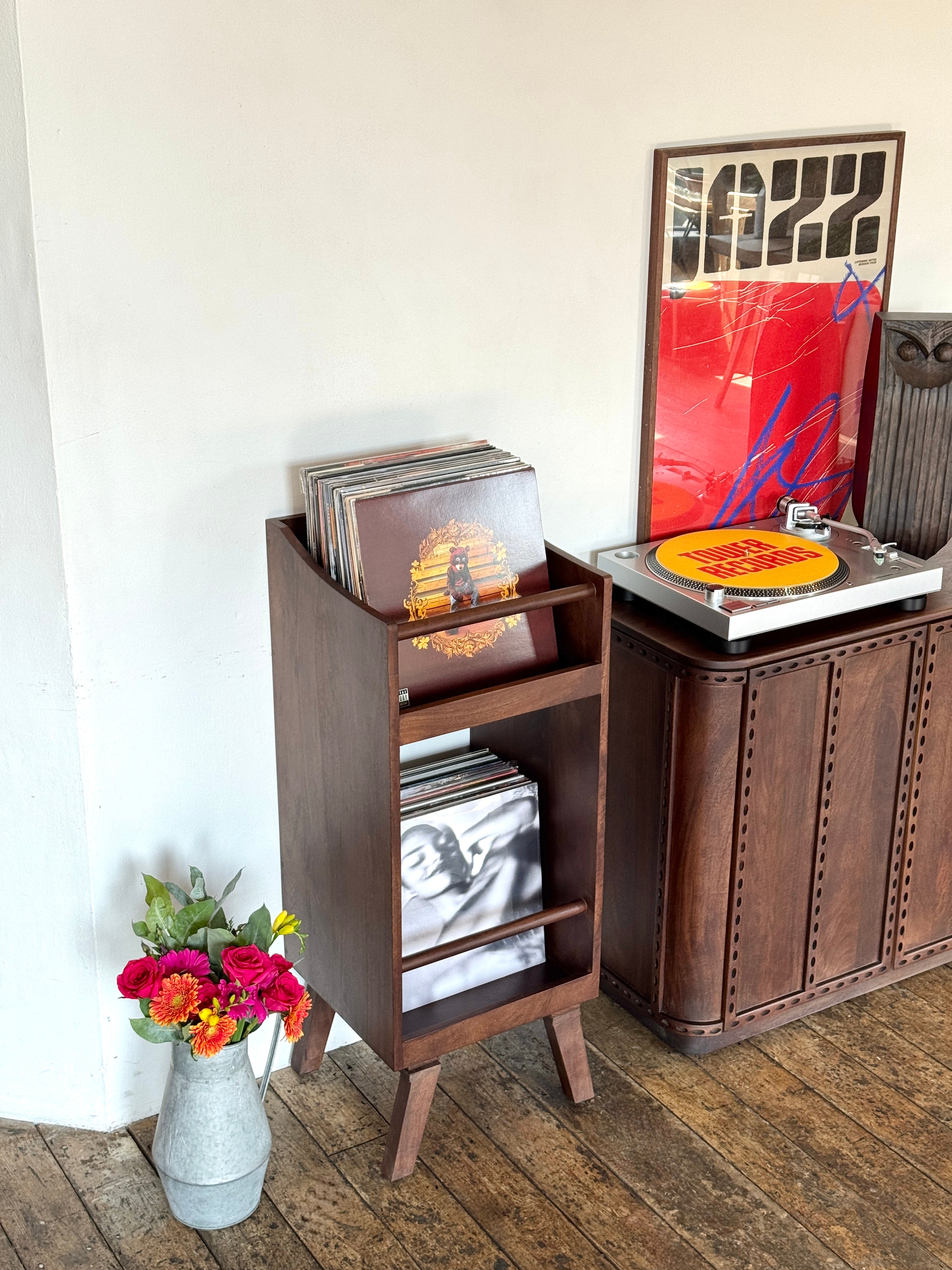 Spin Solid Mango Wood Small Vinyl Storage Stand in Walnut