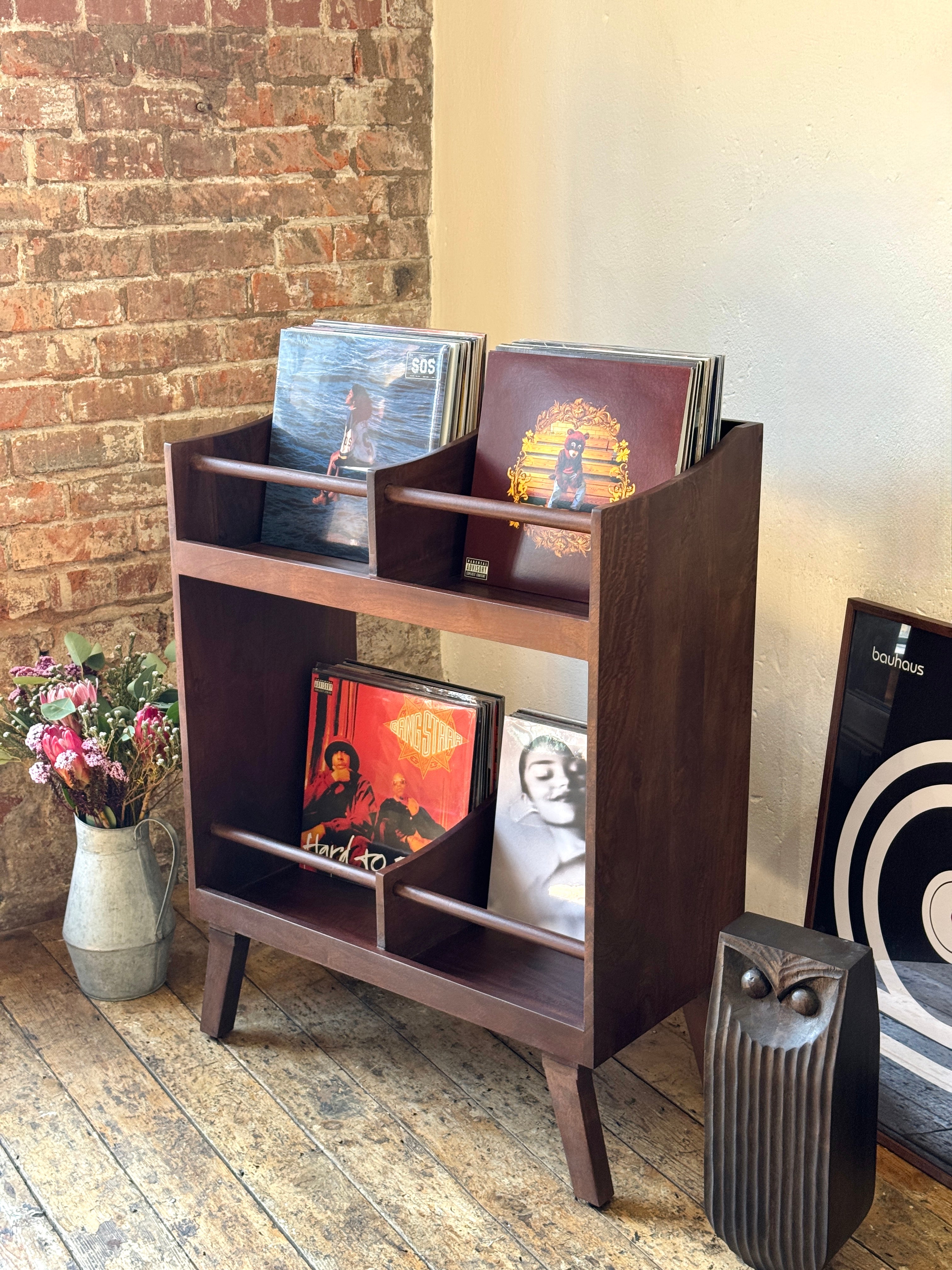 Spin Solid Mango Wood Large Vinyl Storage Stand in Walnut