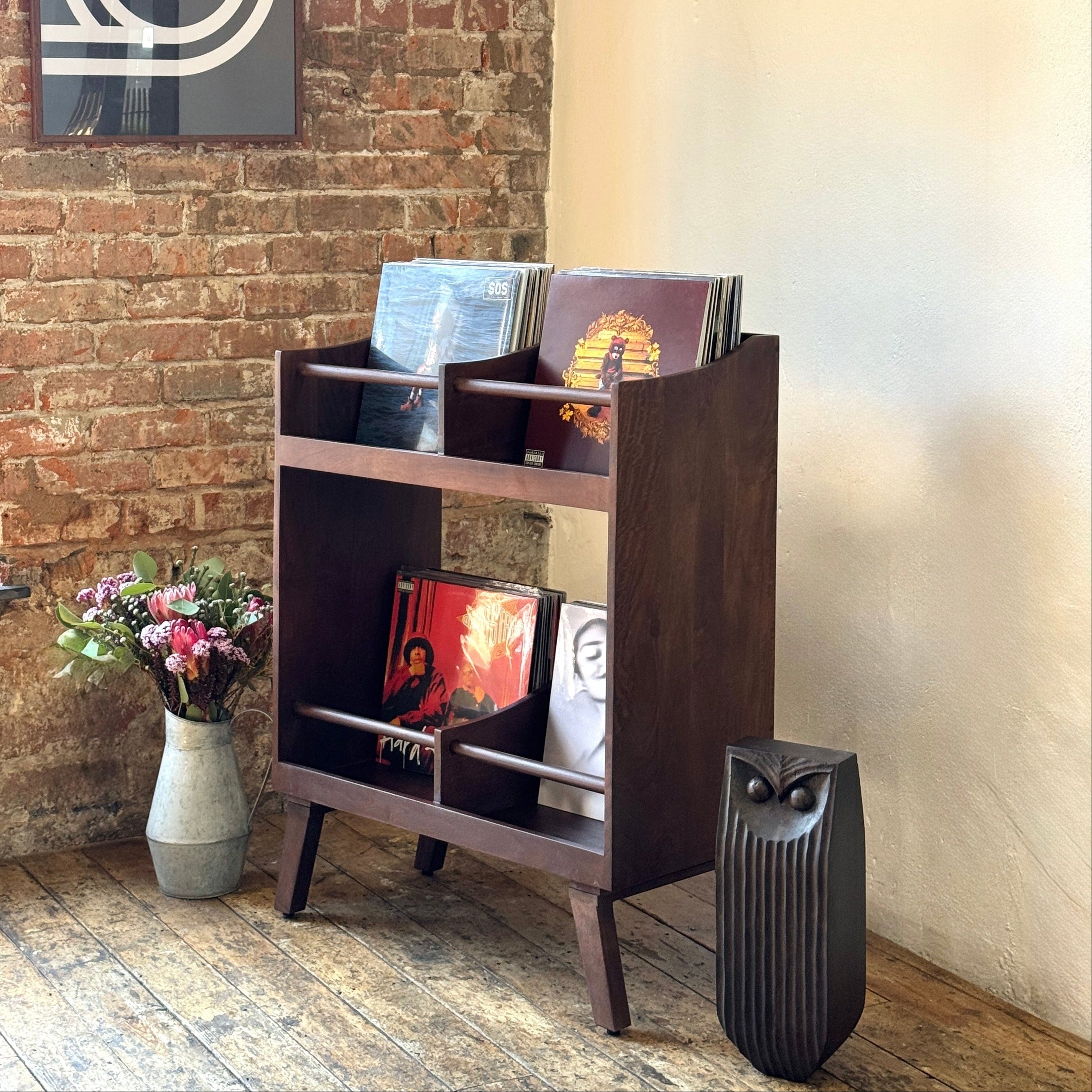 Spin Solid Mango Wood Large Vinyl Storage Stand in Walnut
