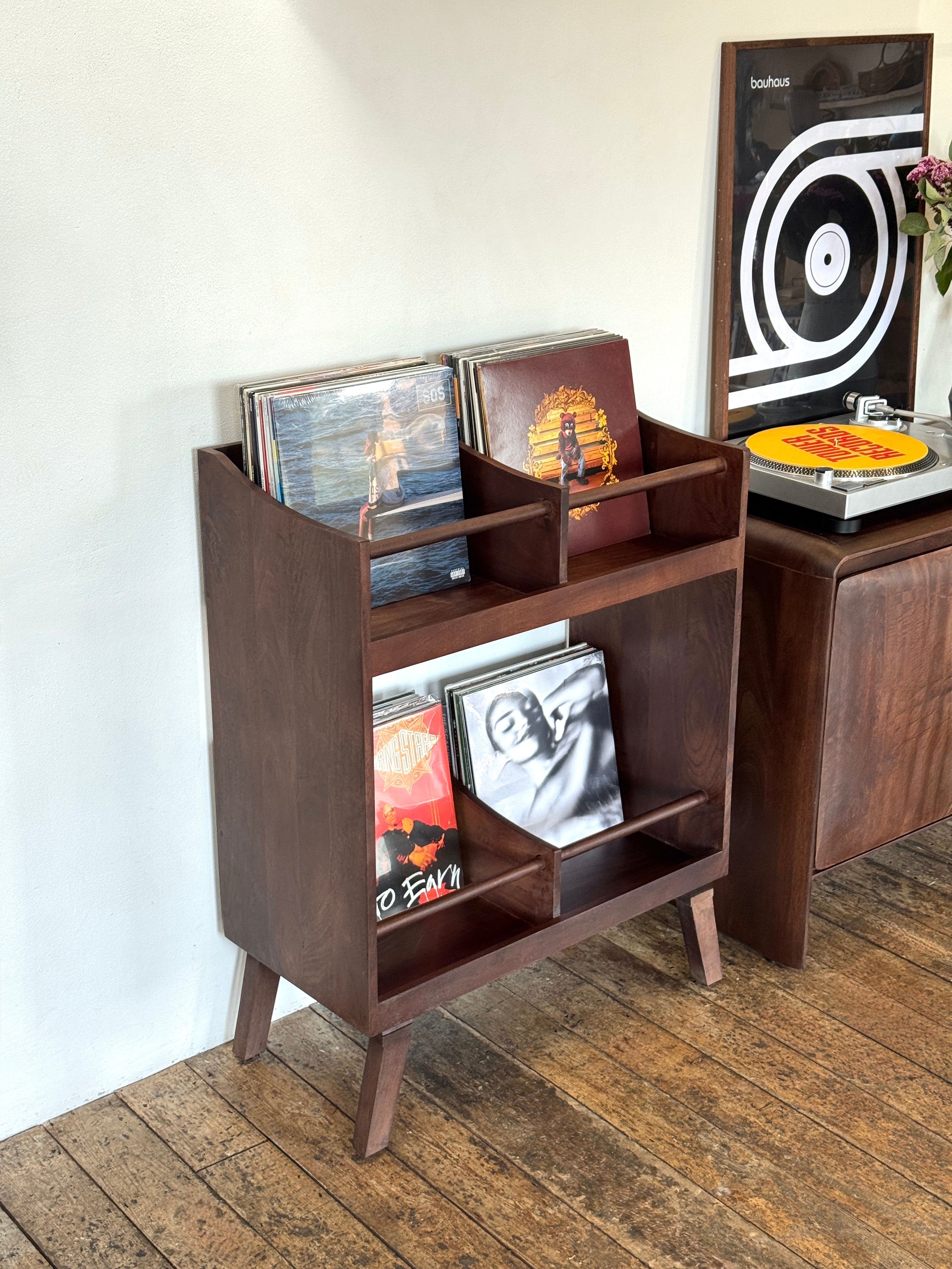 Spin Solid Mango Wood Large Vinyl Storage Stand in Walnut