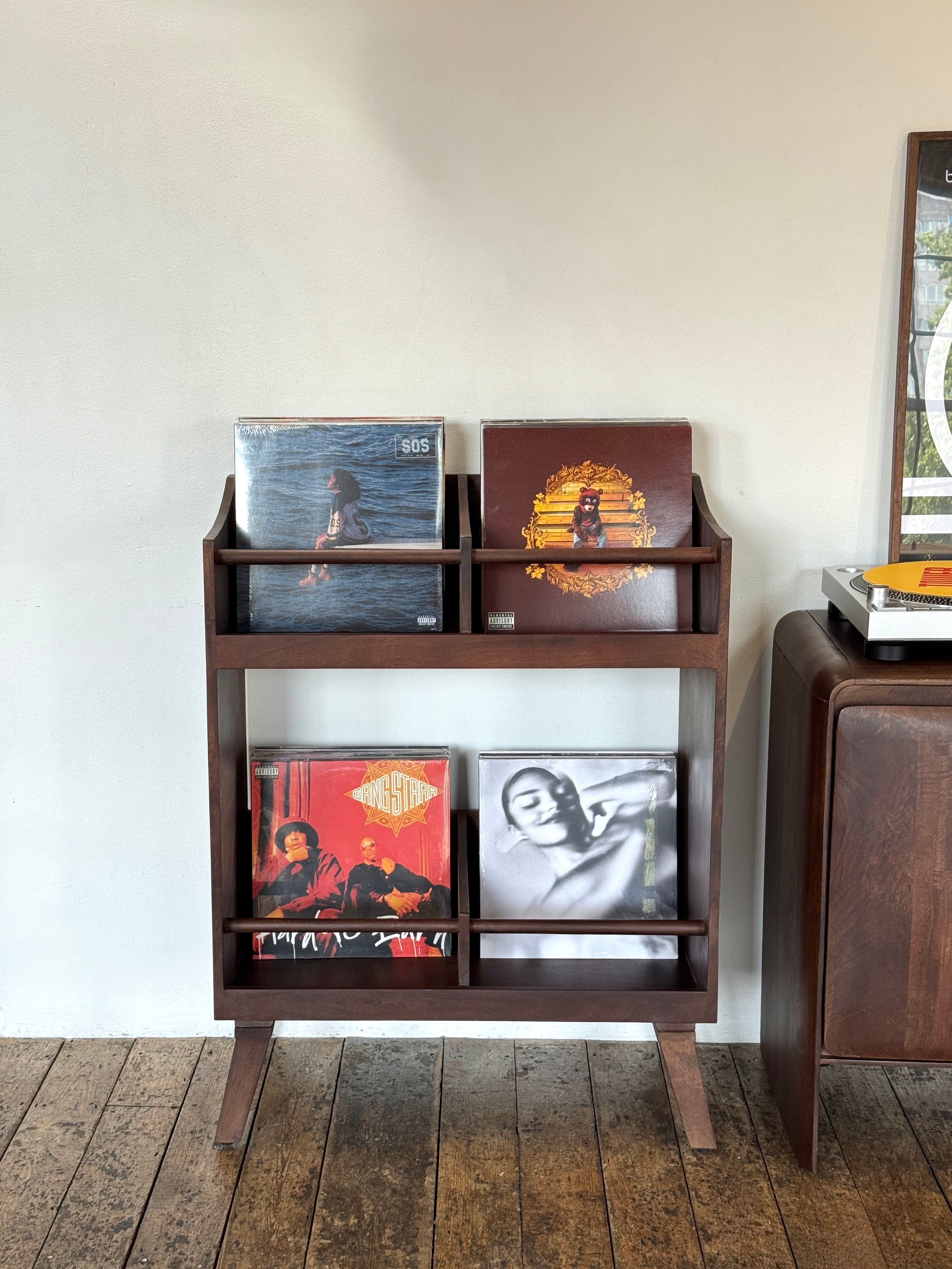 Spin Solid Mango Wood Large Vinyl Storage Stand in Walnut