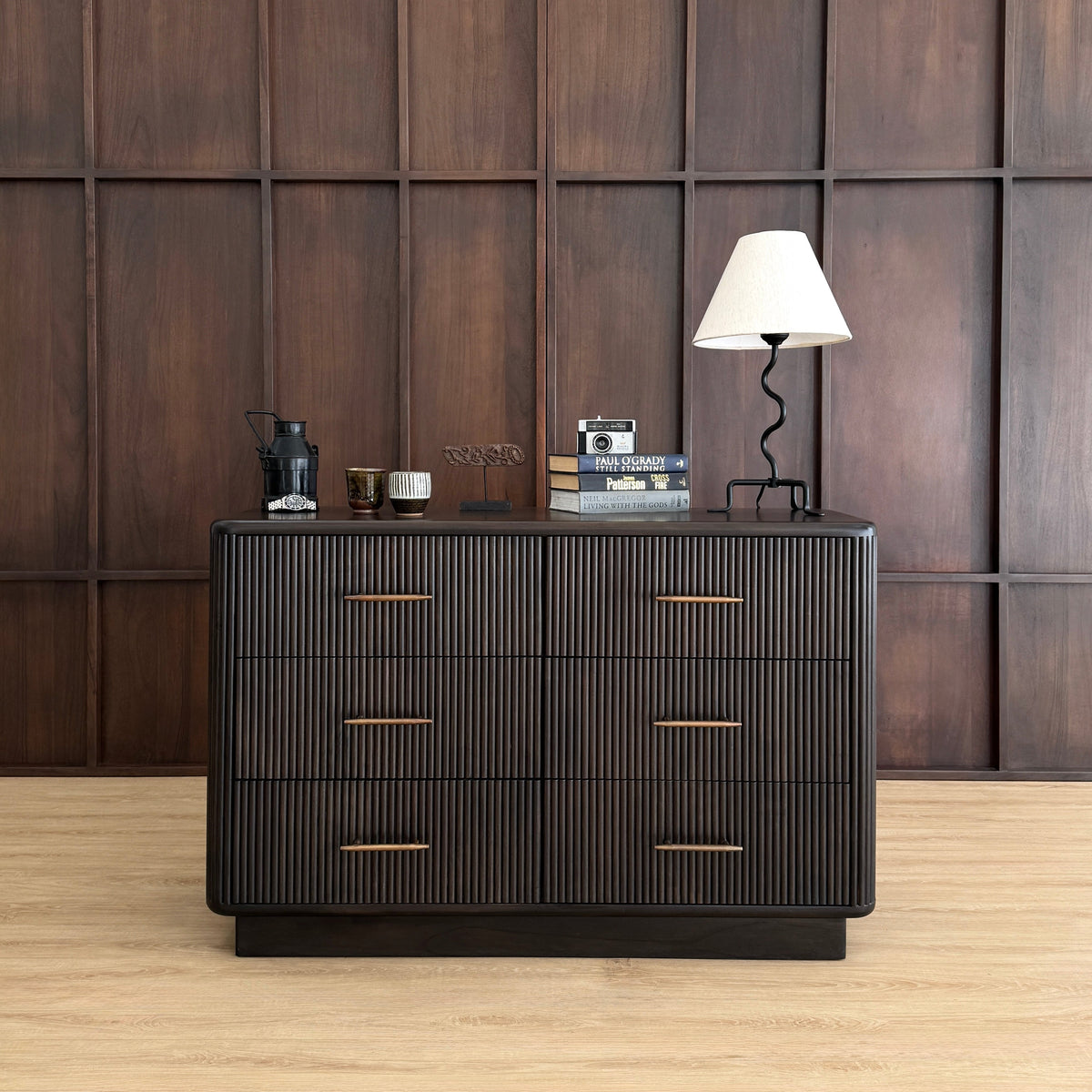 Kimi Solid Acacia Wood 6 Drawer Chest of Drawers in Dark Brown