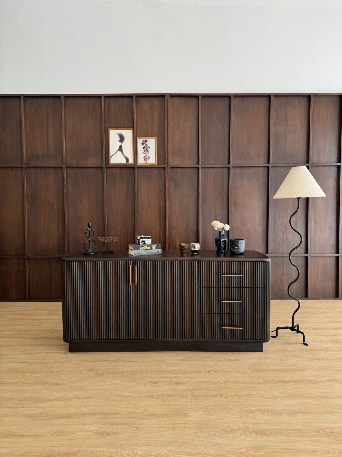Kimi Solid Acacia Wood 2 Door 3 Drawer Sideboard in Dark Brown (160 cm)