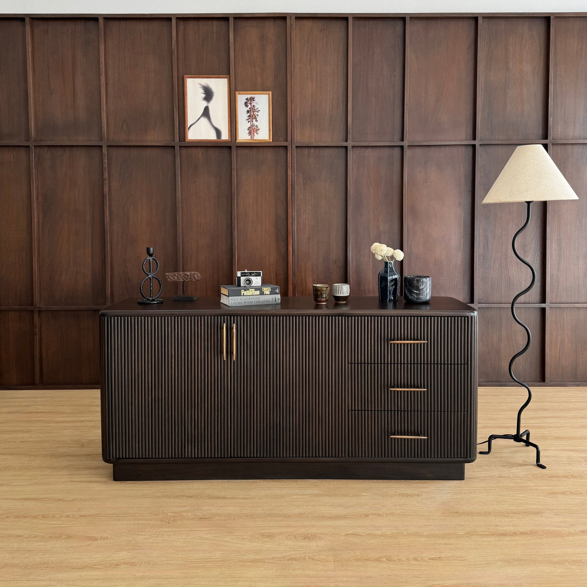 Kimi Solid Acacia Wood 2 Door 3 Drawer Sideboard in Dark Brown (160 cm)