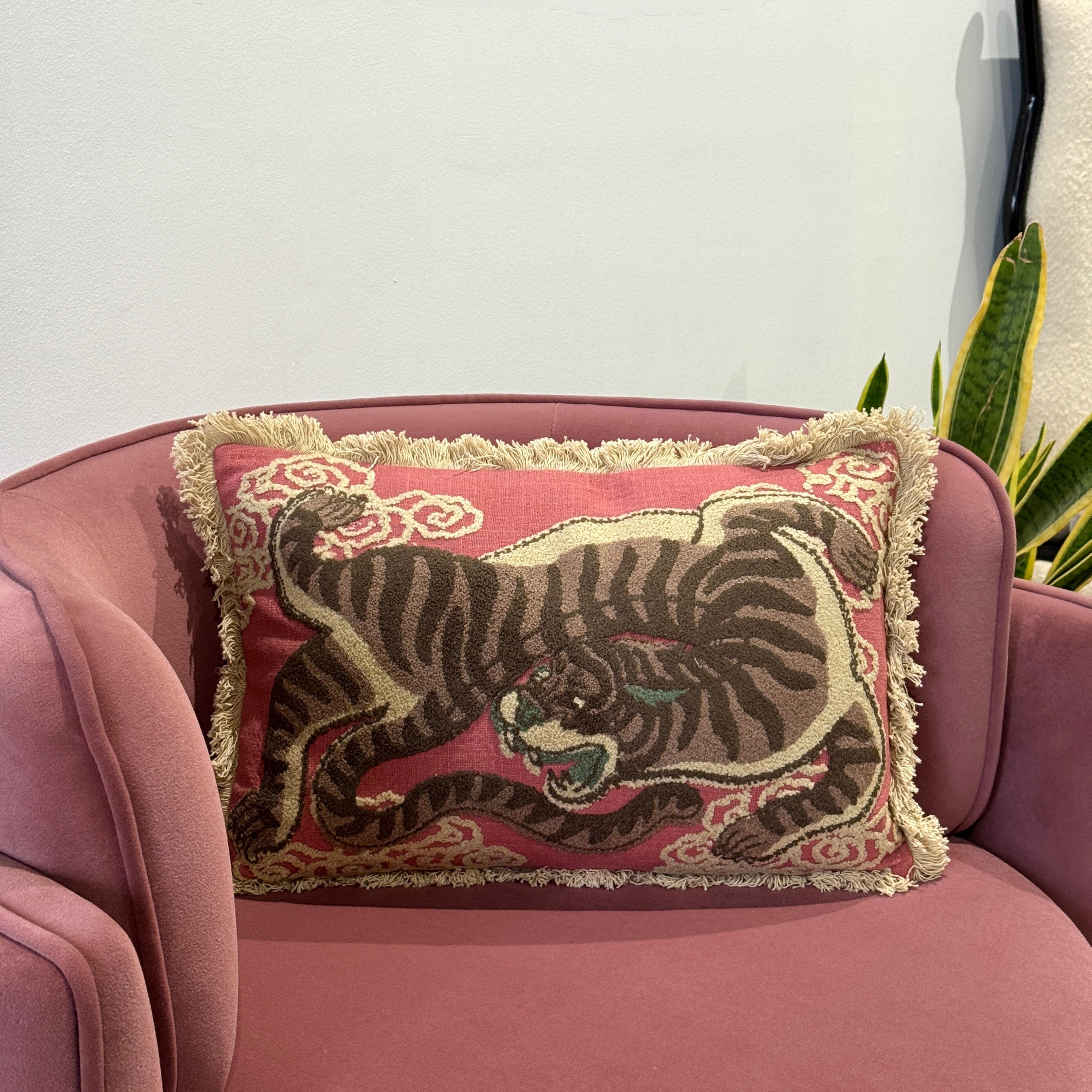 Dorji Towel Embroidered Handmade Tibetan Tiger Cushion with Fringe Trim 30 x 46cm