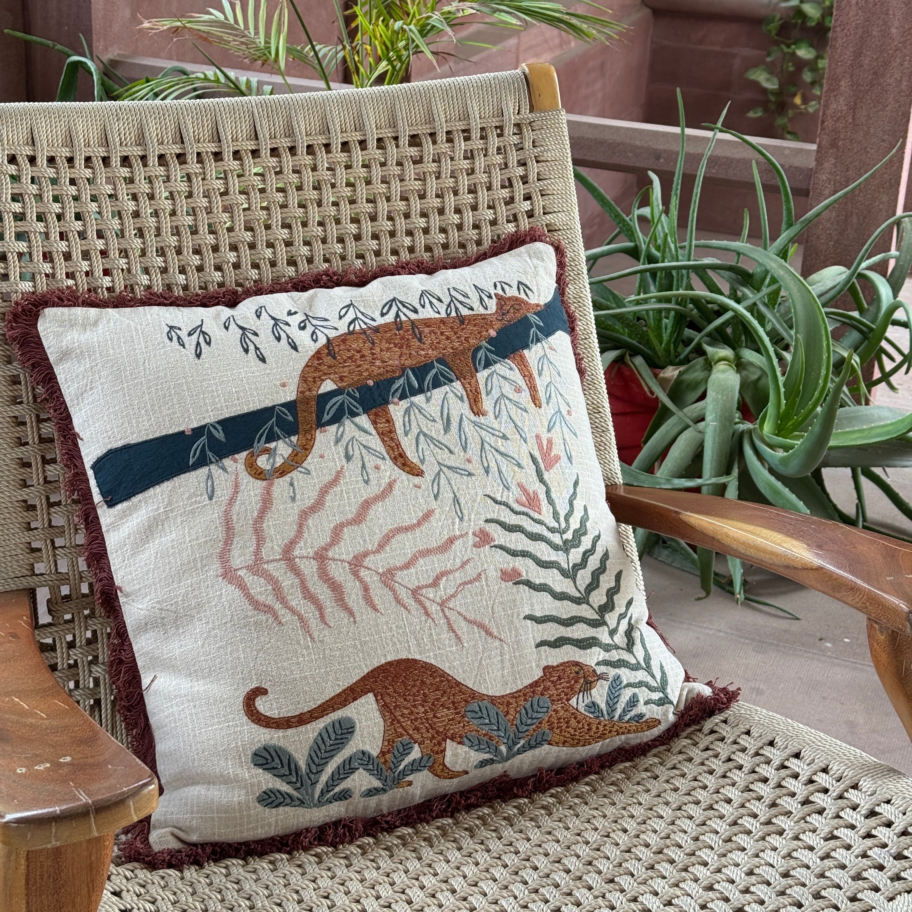 Leona Machine Embroidered Wild Cat Handmade Botanical Cushion with Fringe Trim 46 x 46cm