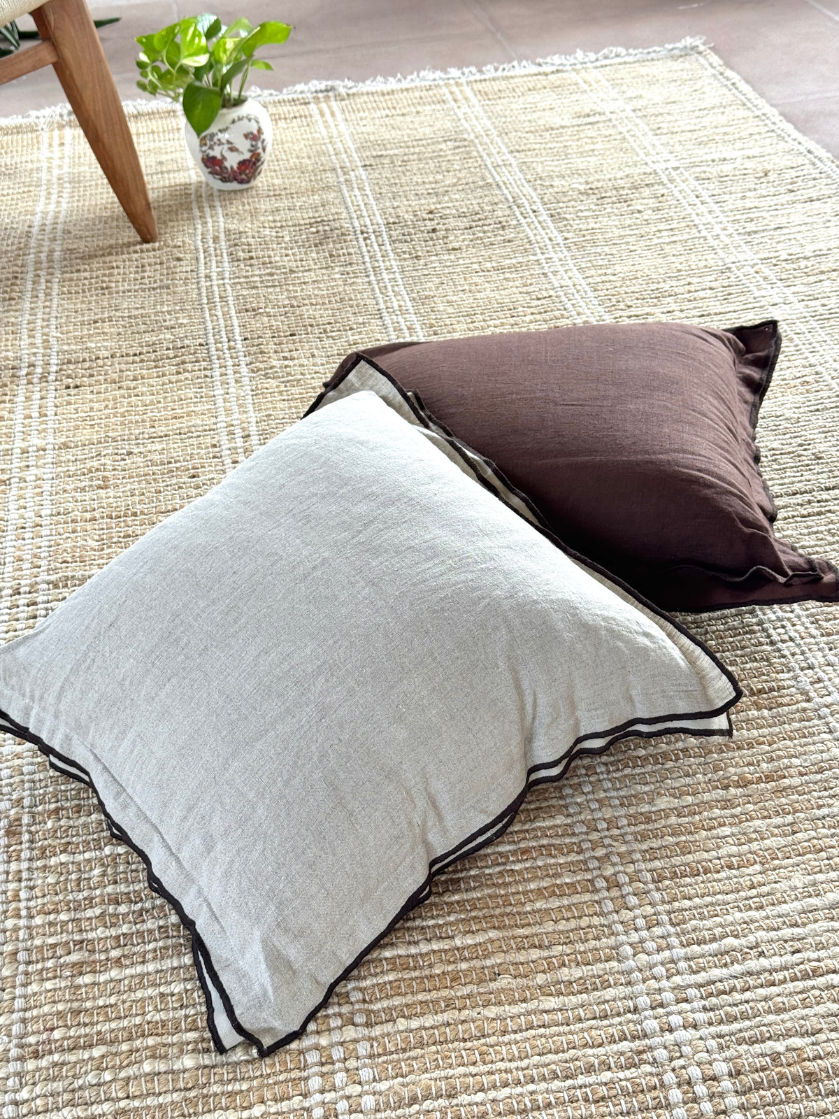 Yara Brown Linen Flange Edge Handmade Cushion with Black Border Detail 46 x 46cm