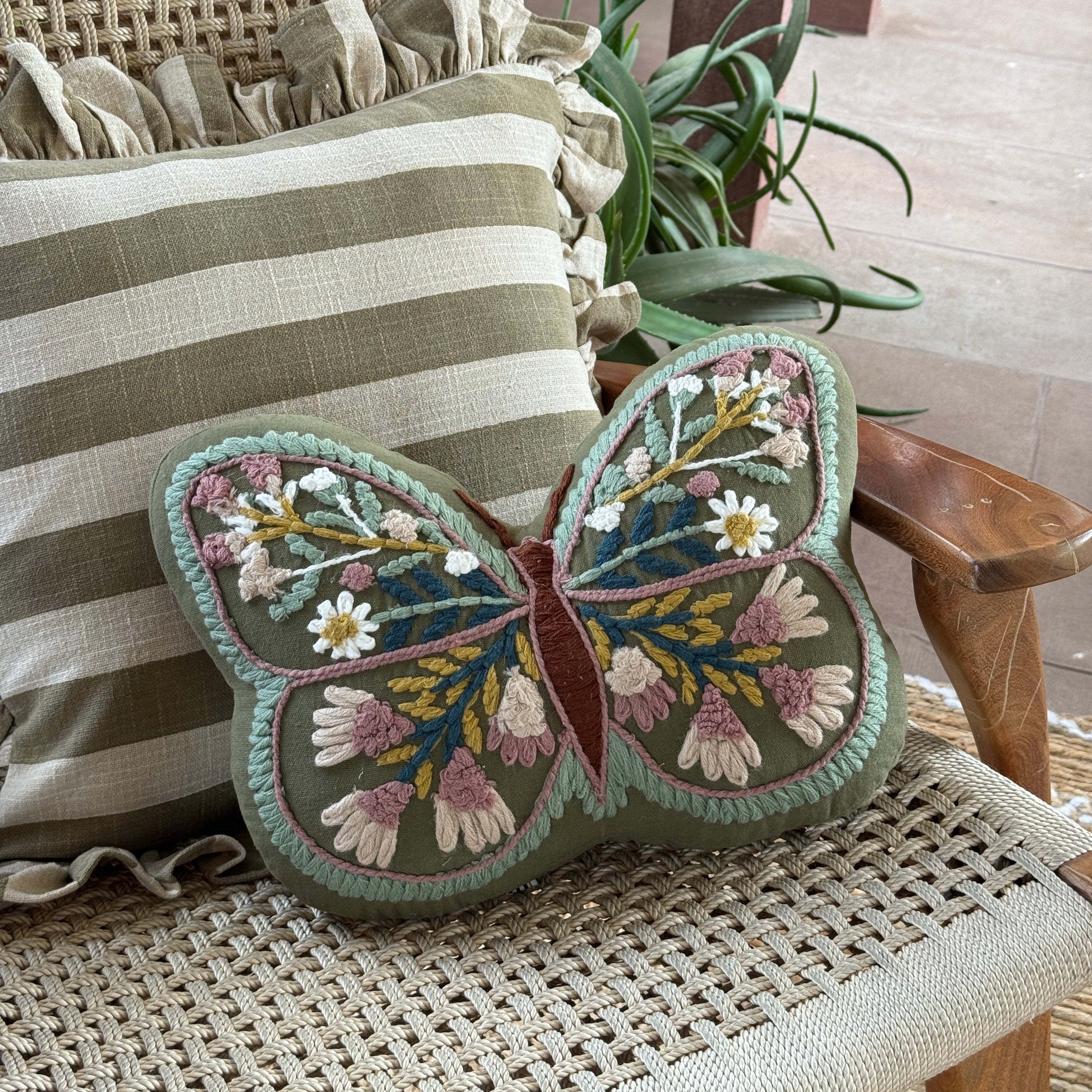 Butterfly Bloom Shaped Embroidered Handmade Floral Cushion