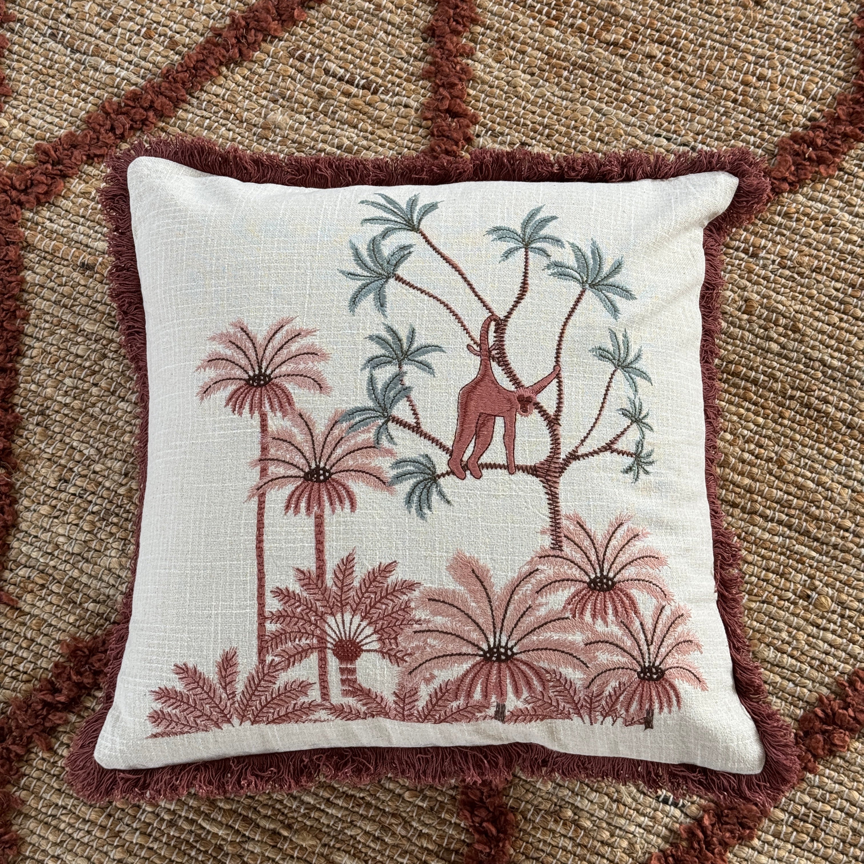 Palmina Embroidered Handmade Tropical Scene Cushion with Fringe Trim 46 x 46cm