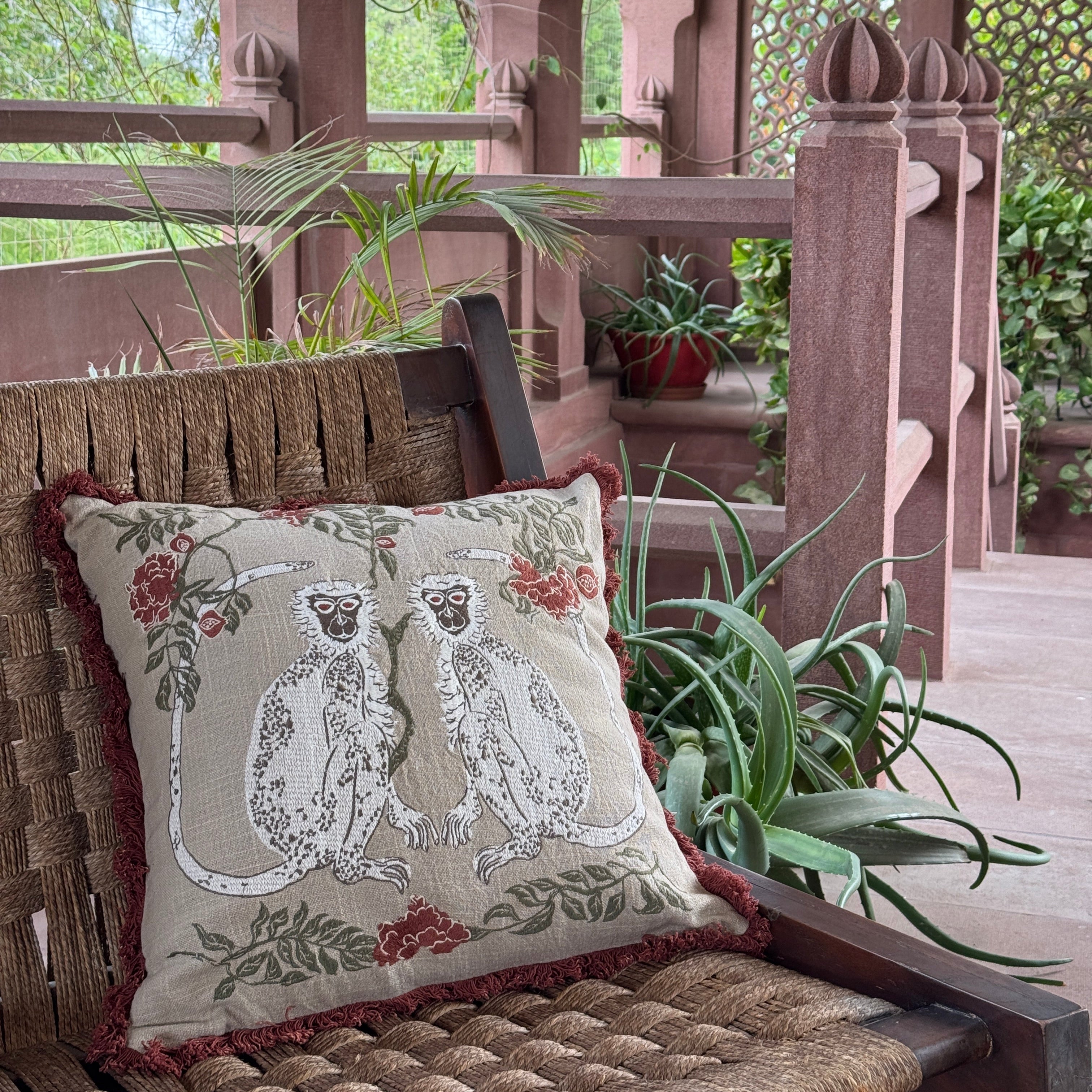 Kiki Embroidered Handmade Botanical Monkey Cushion with Fringe Trim 46 x 46cm