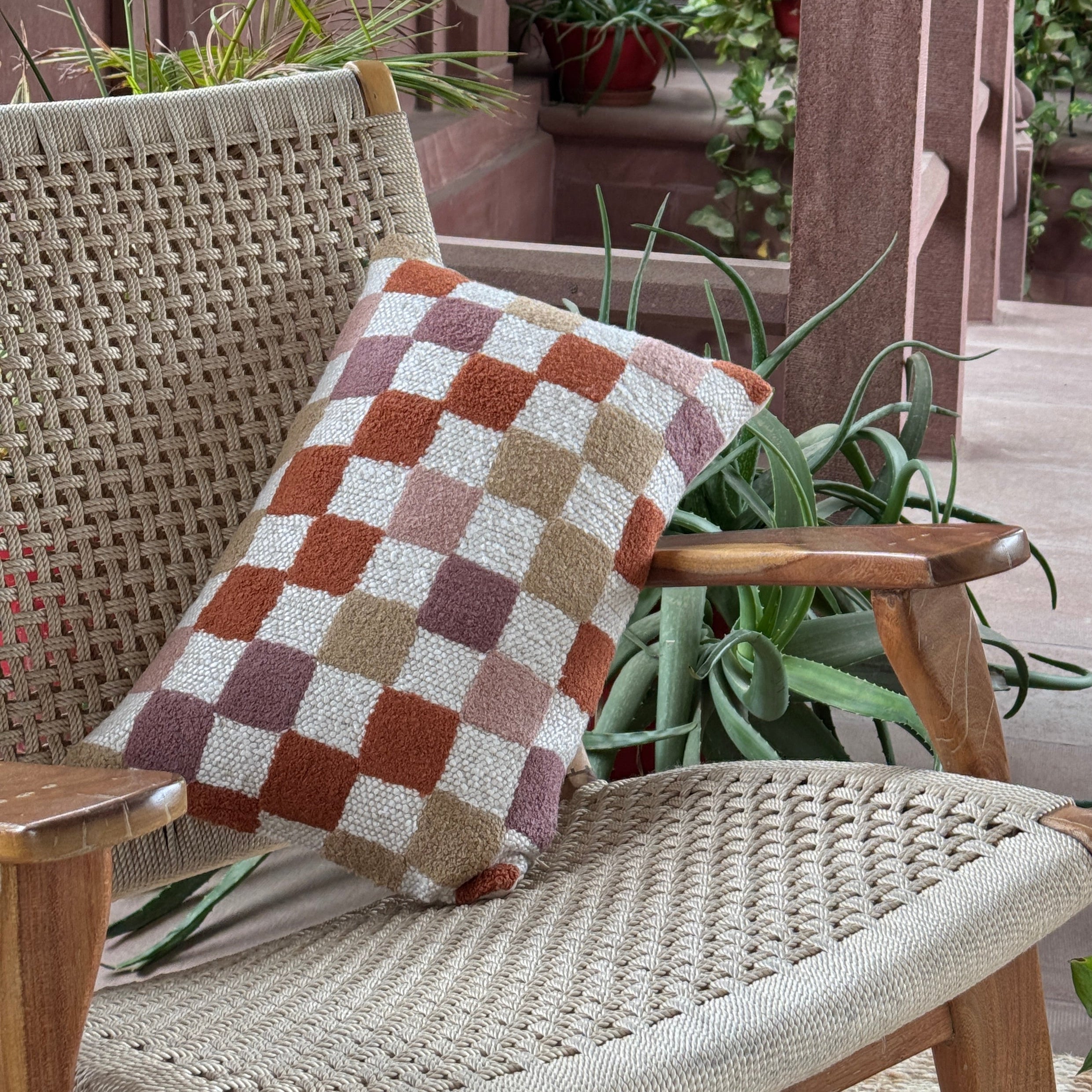 Terra Check Towel Embroidered Handmade Checkerboard Cushion 30 x 46cm