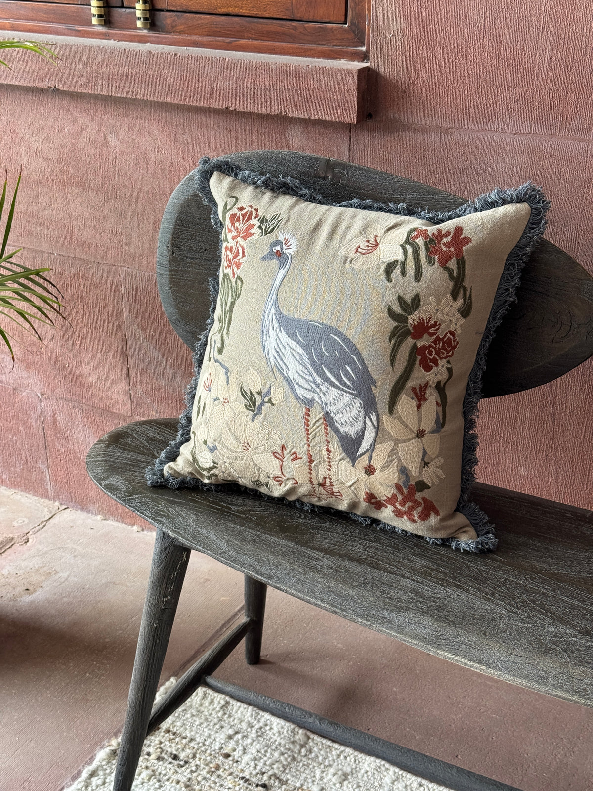 Flora Crane Machine Embroidered Handmade Botanical Bird Cushion with Fringe Trim 46 x 46cm