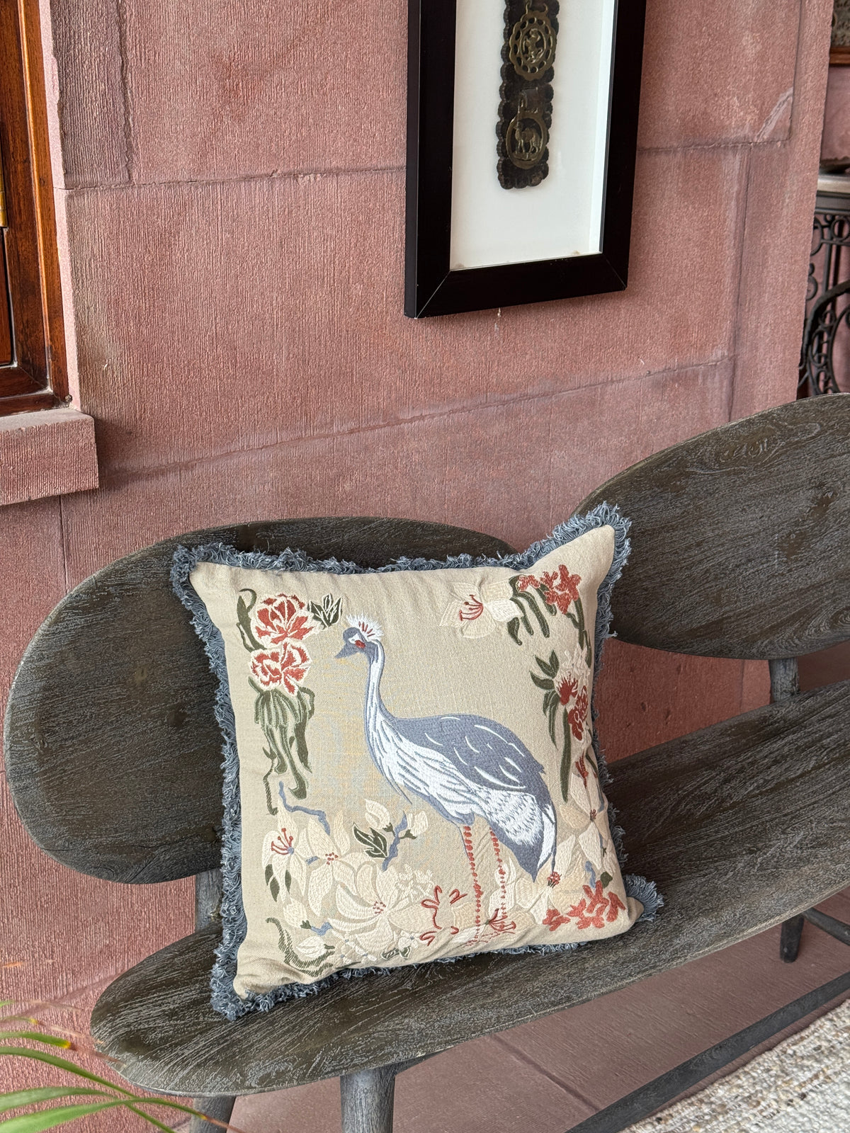 Flora Crane Machine Embroidered Handmade Botanical Bird Cushion with Fringe Trim 46 x 46cm