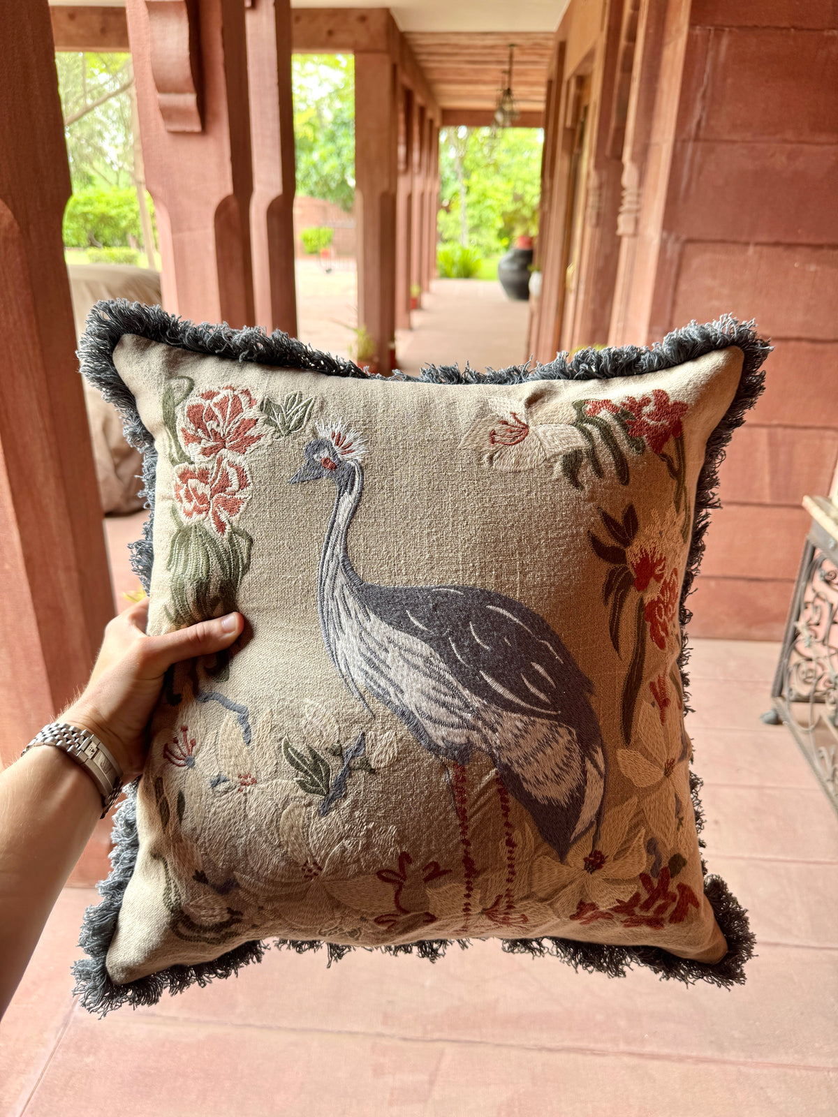 Flora Crane Machine Embroidered Handmade Botanical Bird Cushion with Fringe Trim 46 x 46cm
