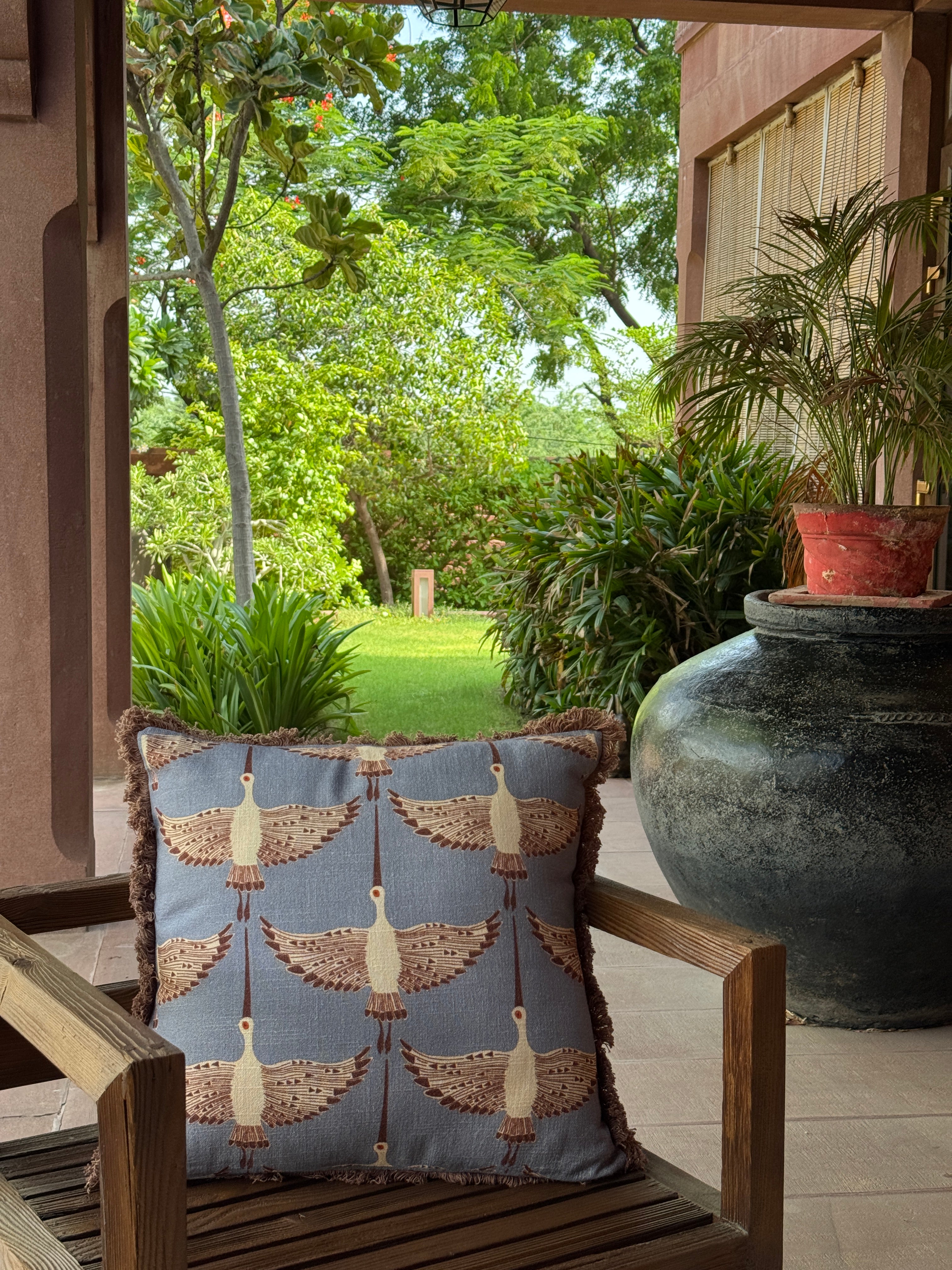 Crina Art Deco Flying Crane Handmade Print Cushion with Fringe Trim 46 x 46cm