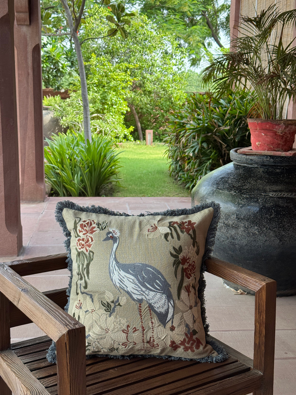 Flora Crane Machine Embroidered Handmade Botanical Bird Cushion with Fringe Trim 46 x 46cm