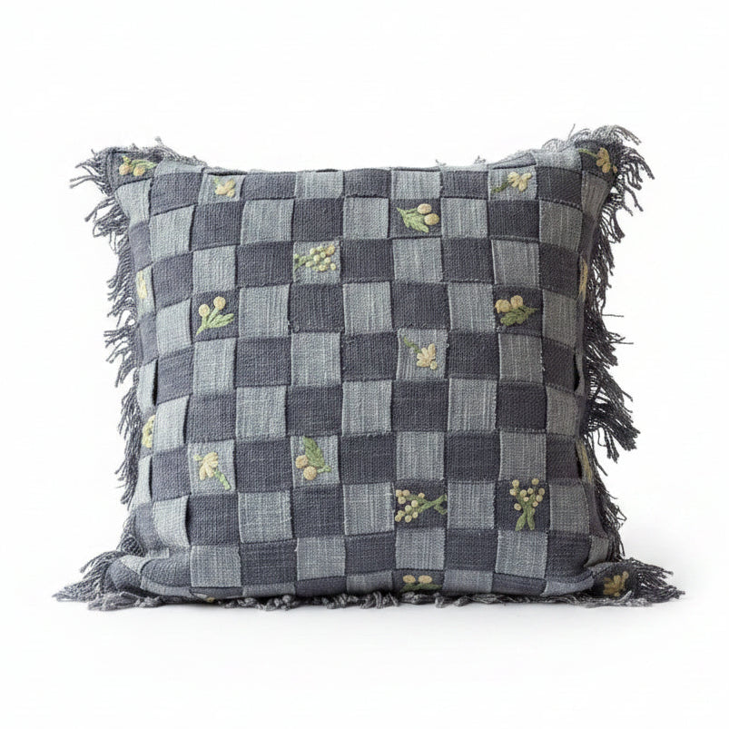 Harley Hand Embroidered Checkerboard Cushion with Fringe Trim in Blue 46 x 46cm