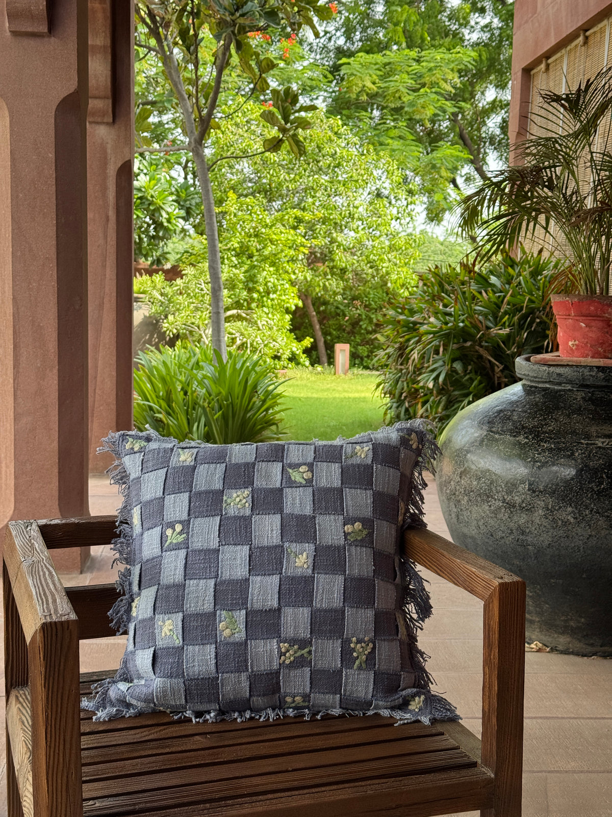 Harley Hand Embroidered Checkerboard Cushion with Fringe Trim in Blue 46 x 46cm