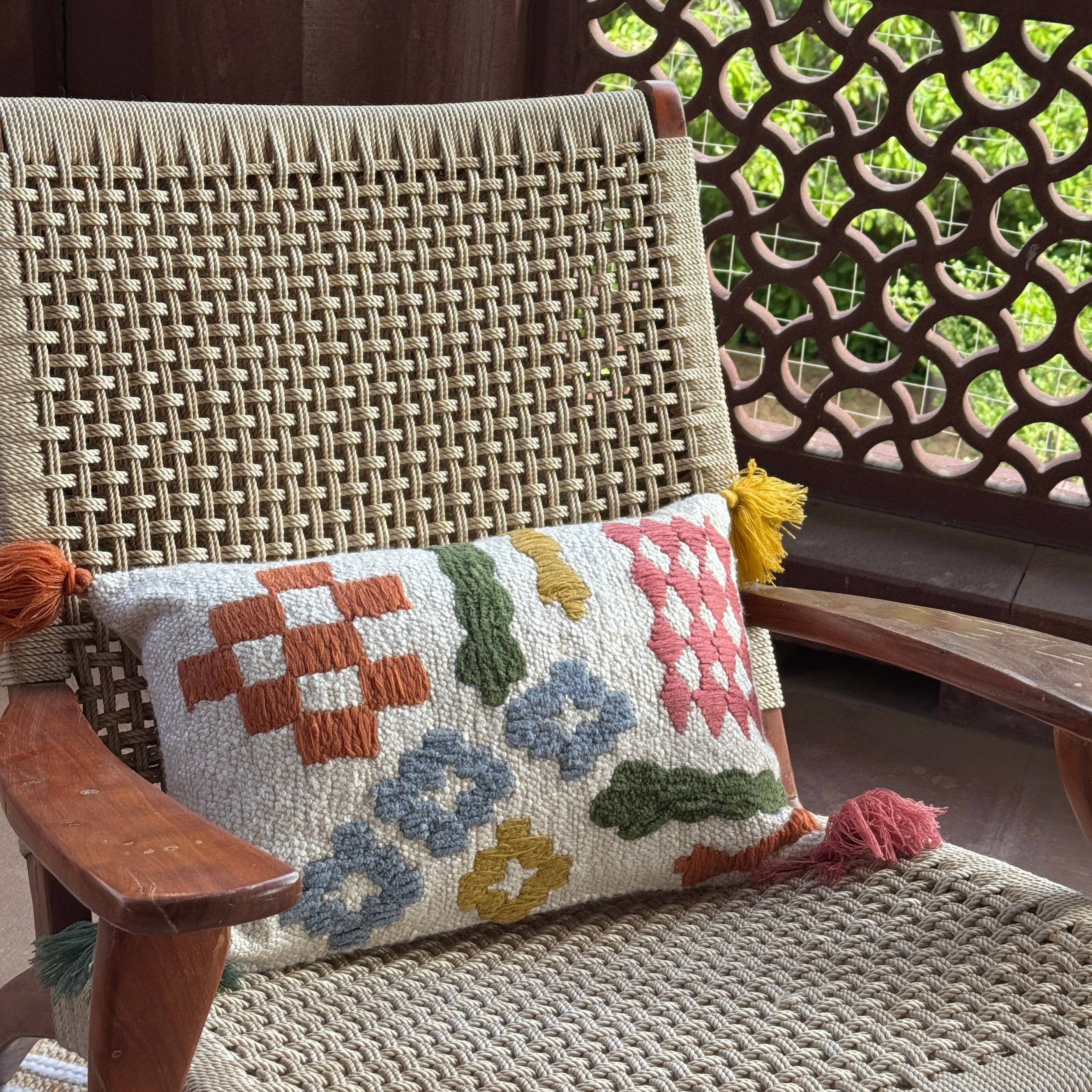 Geo Geometric Embroidered Handmade Cushion with Corner Tassels 30 x 46cm