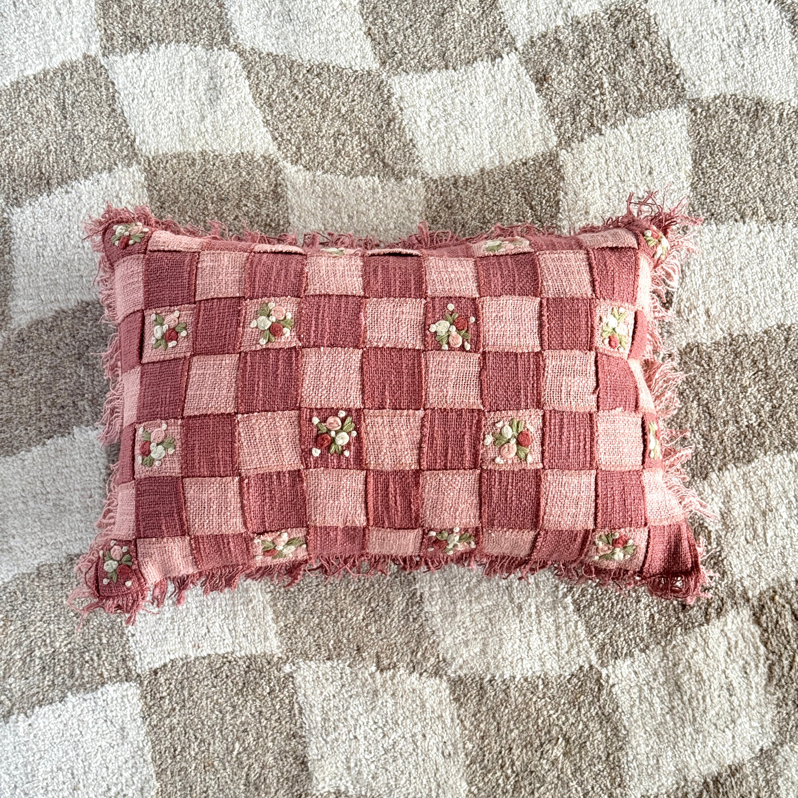 Harley Hand Embroidered Checkerboard Cushion with Fringe Trim in Pink 30 x 46cm