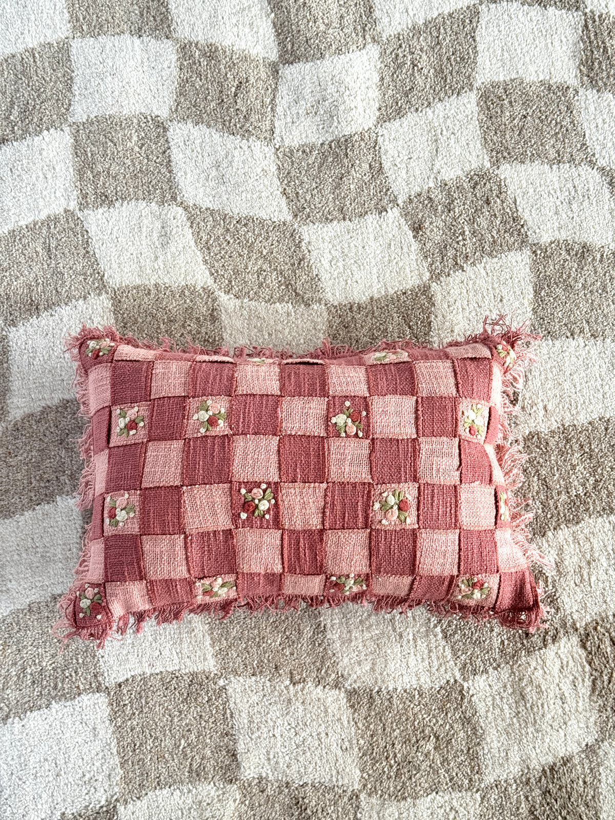 Harley Hand Embroidered Checkerboard Cushion with Fringe Trim in Pink 30 x 46cm