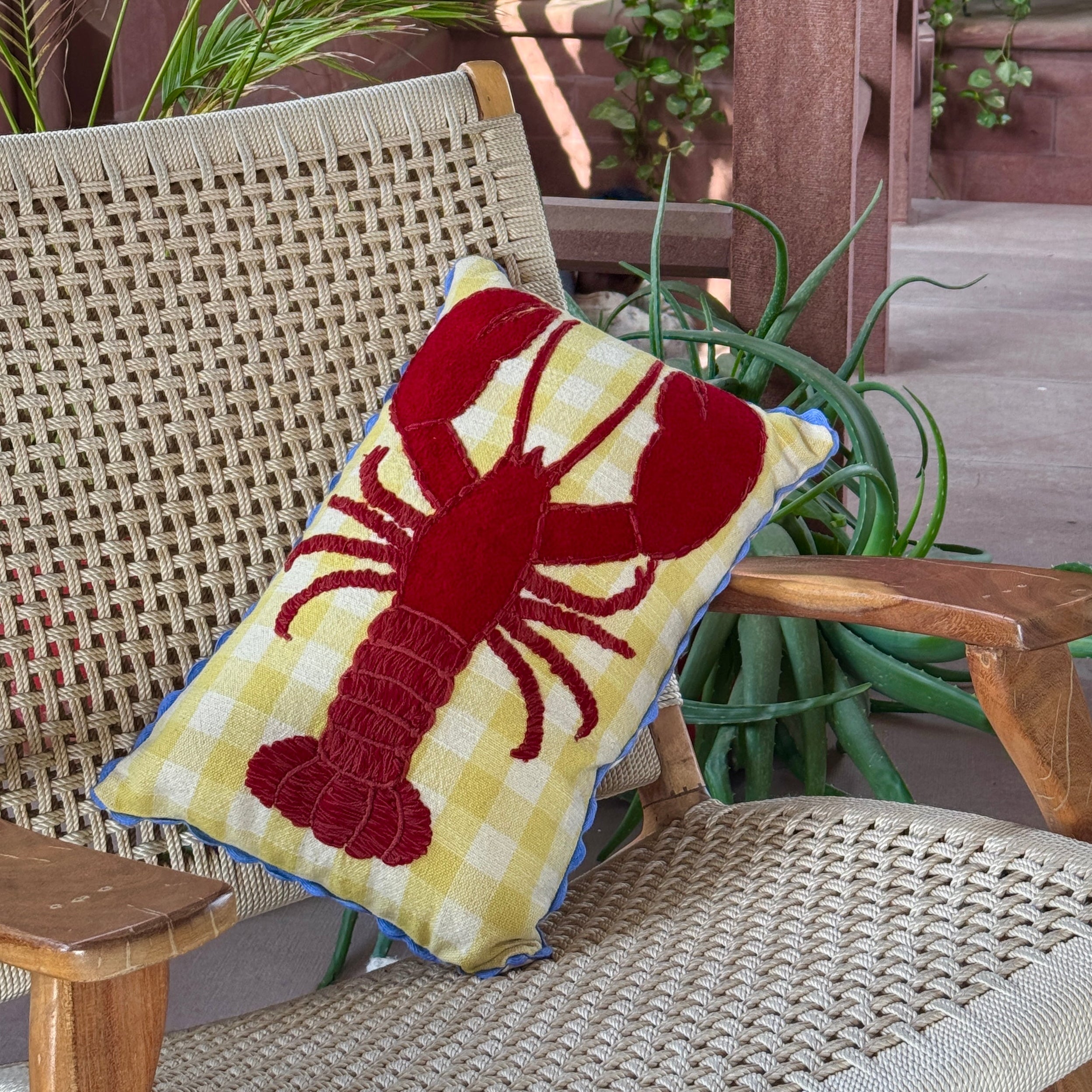 Sebastian the Lobster Handmade Patchwork Cushion with Scallop Lace Trim 30 x 46cm