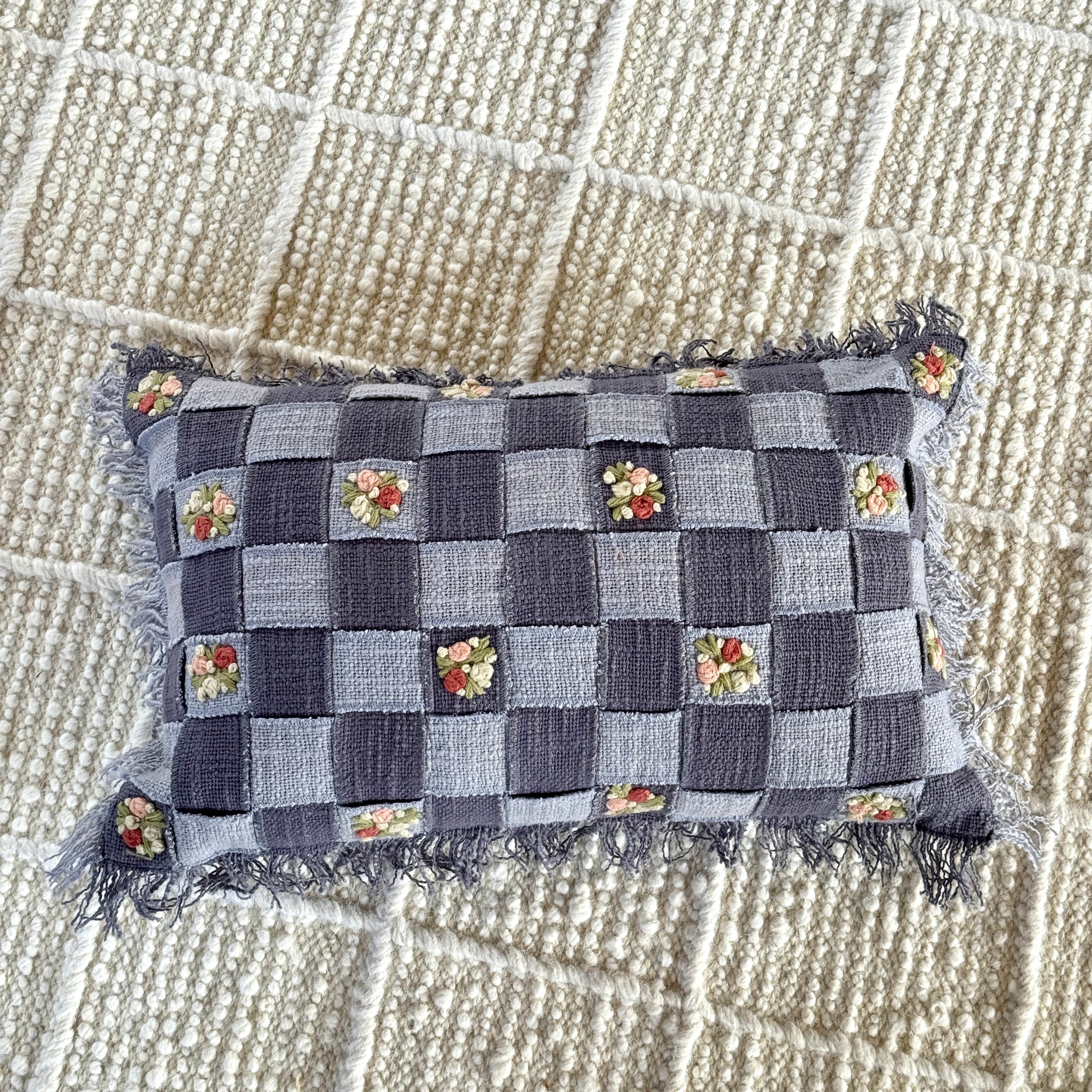 Harley Hand Embroidered Checkerboard Cushion with Fringe Trim in Blue 30 x 46cm