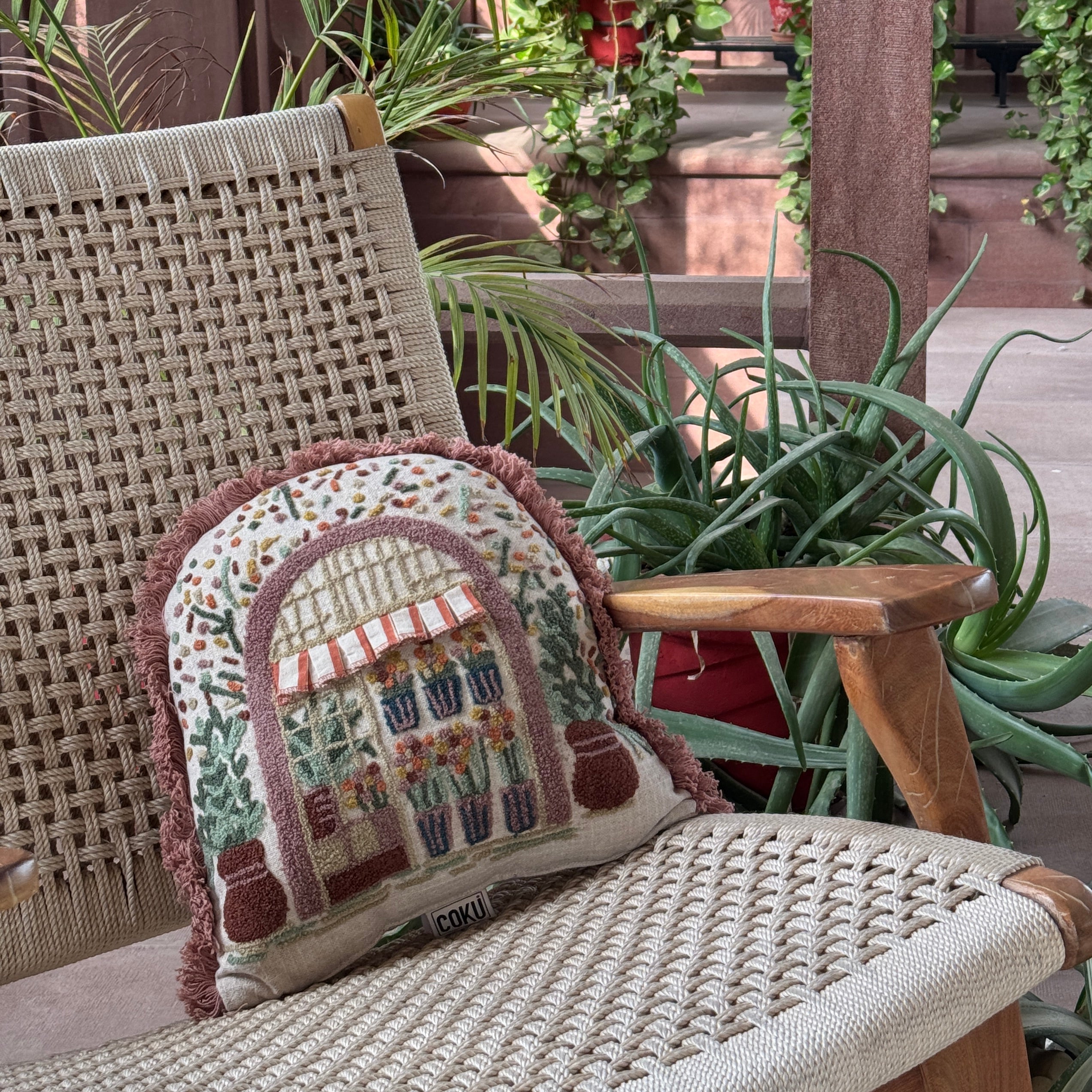 The Florist Hand Embroidered Arch Cushion with Fringe Trim