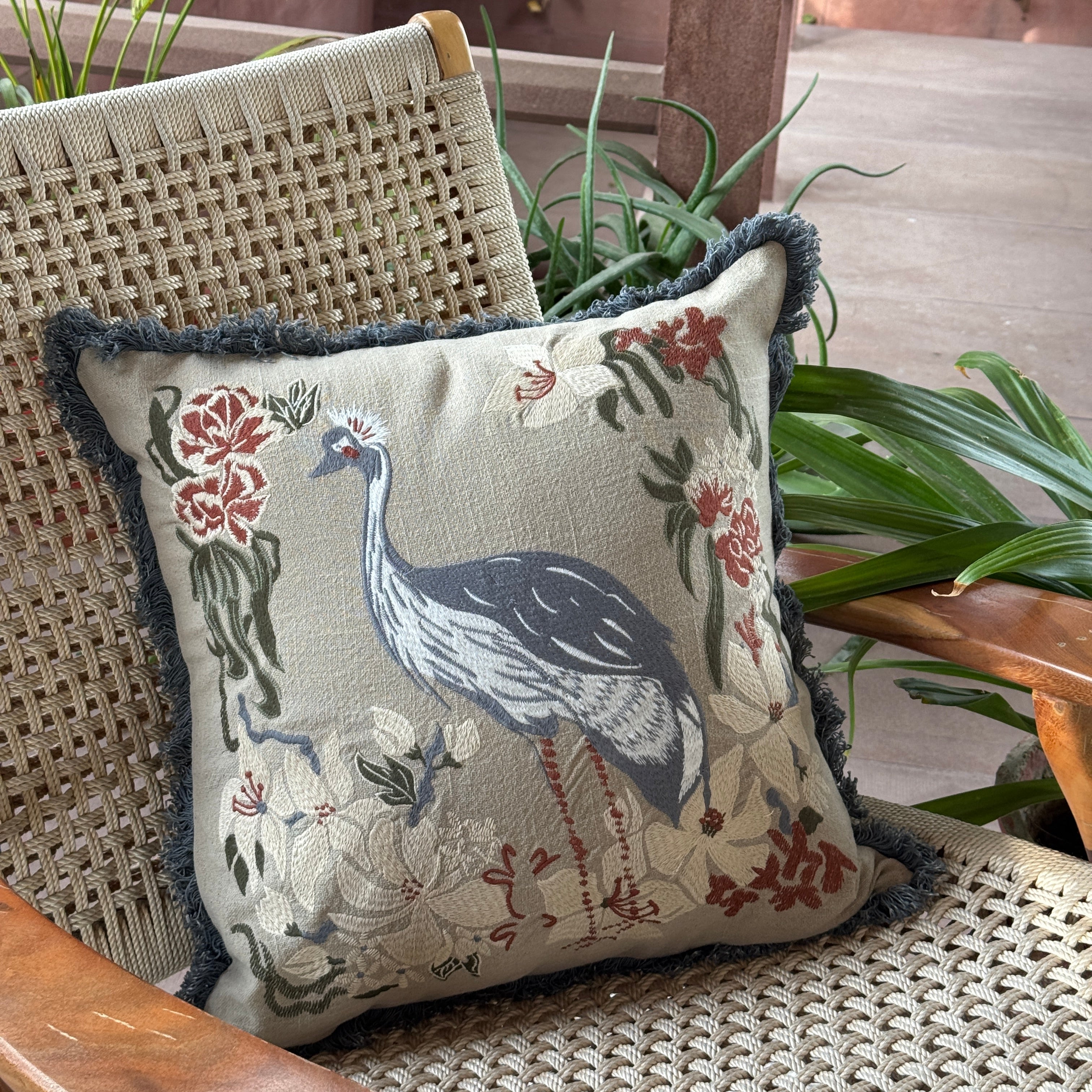 Flora Crane Machine Embroidered Handmade Botanical Bird Cushion with Fringe Trim 46 x 46cm