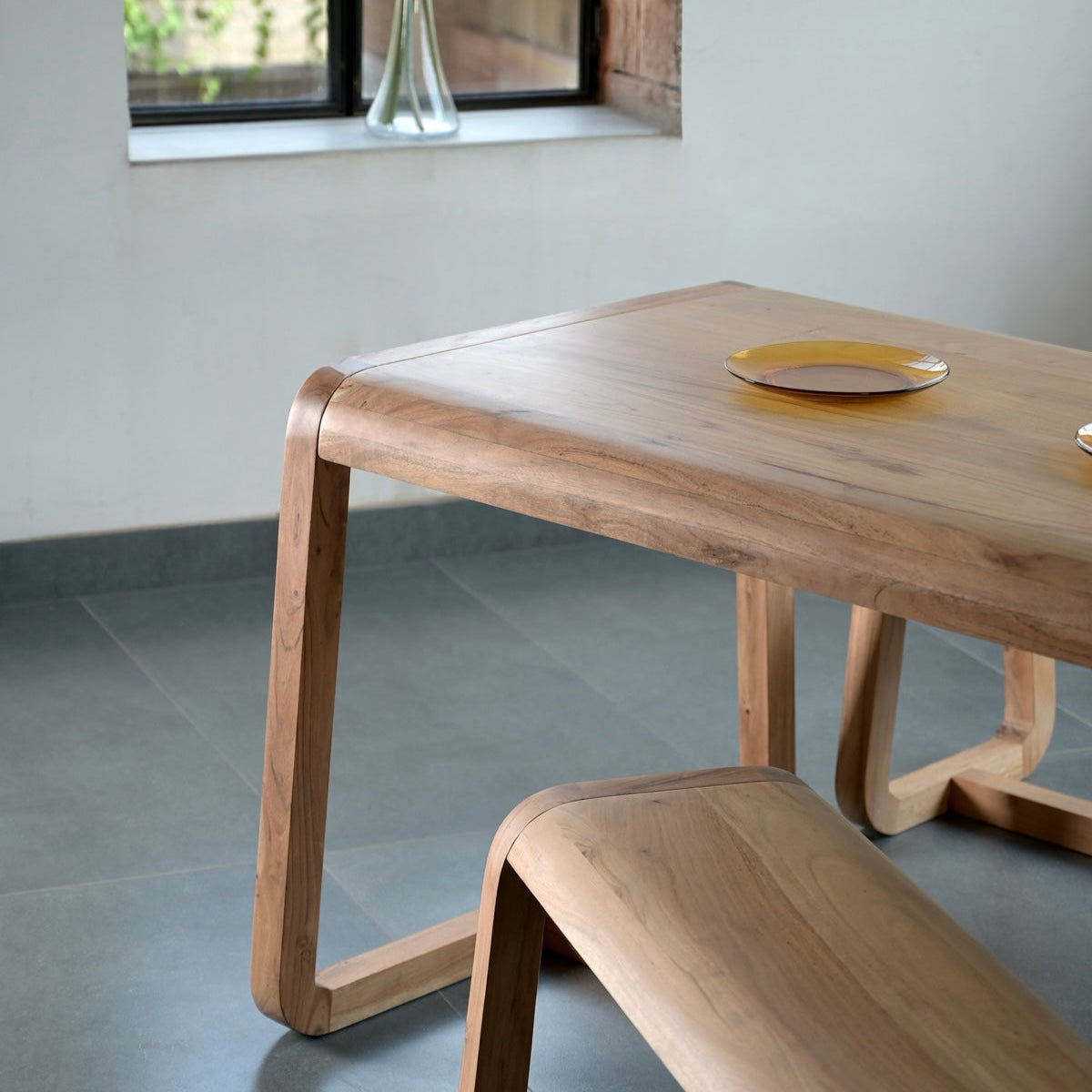 Amaya Solid Acacia Wood Dining Table and Bench Set