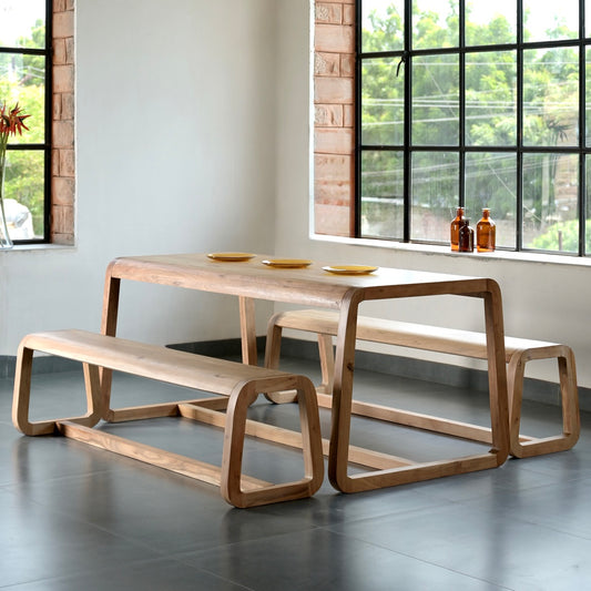 Amaya Solid Acacia Wood Dining Table and Bench Set