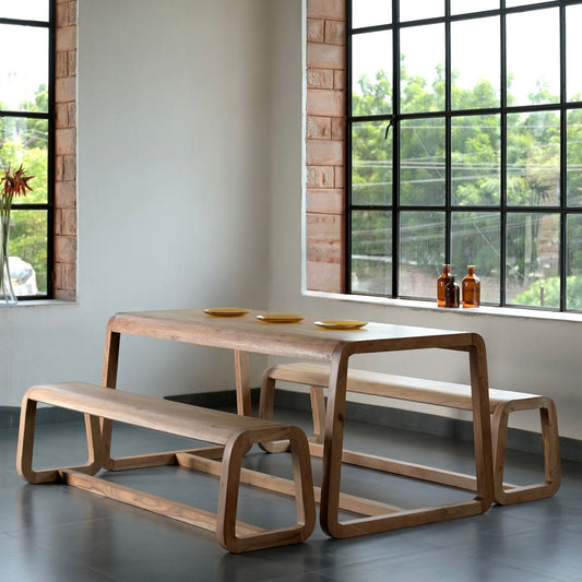 Amaya Solid Acacia Wood Dining Table and Bench Set