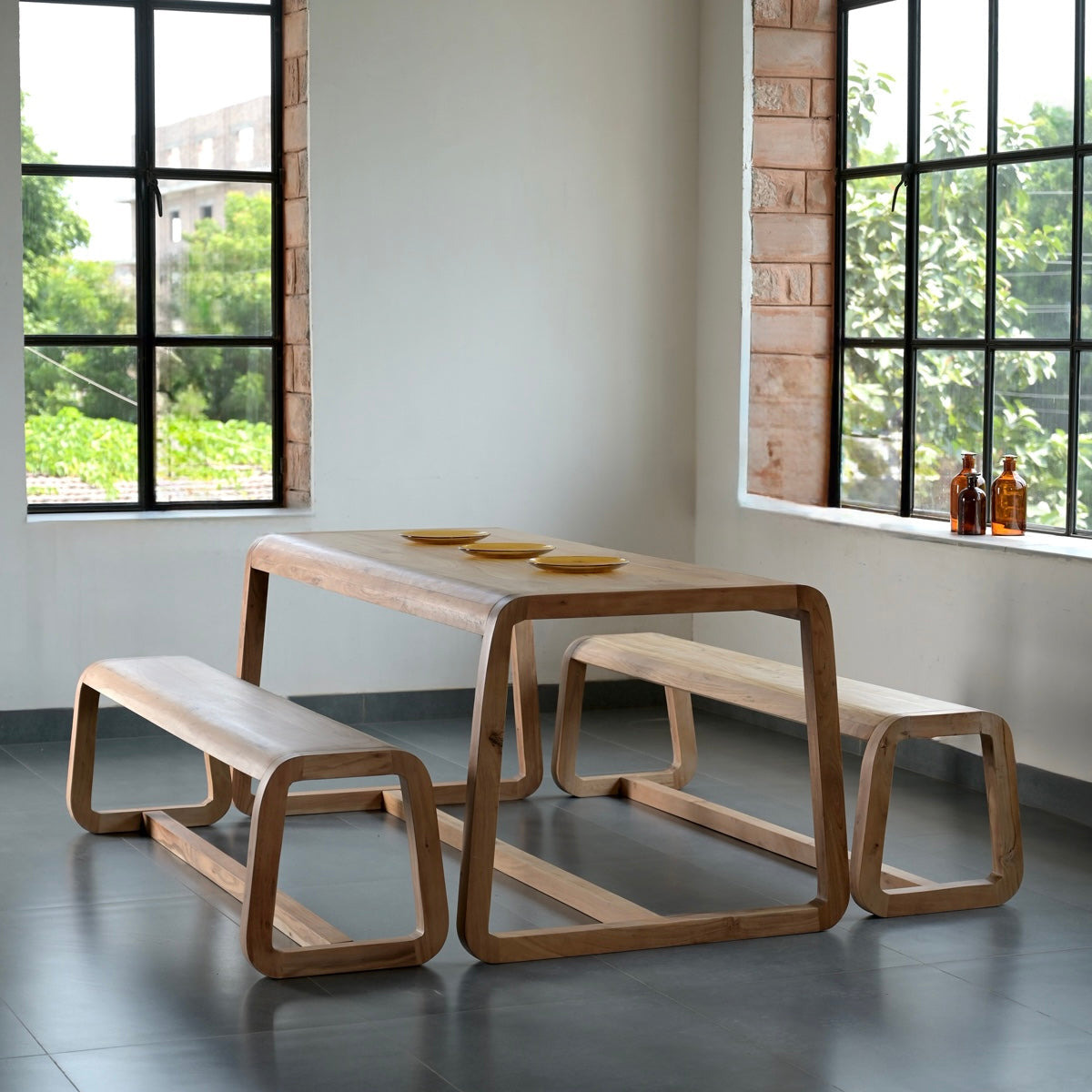 Amaya Solid Acacia Wood Dining Table and Bench Set
