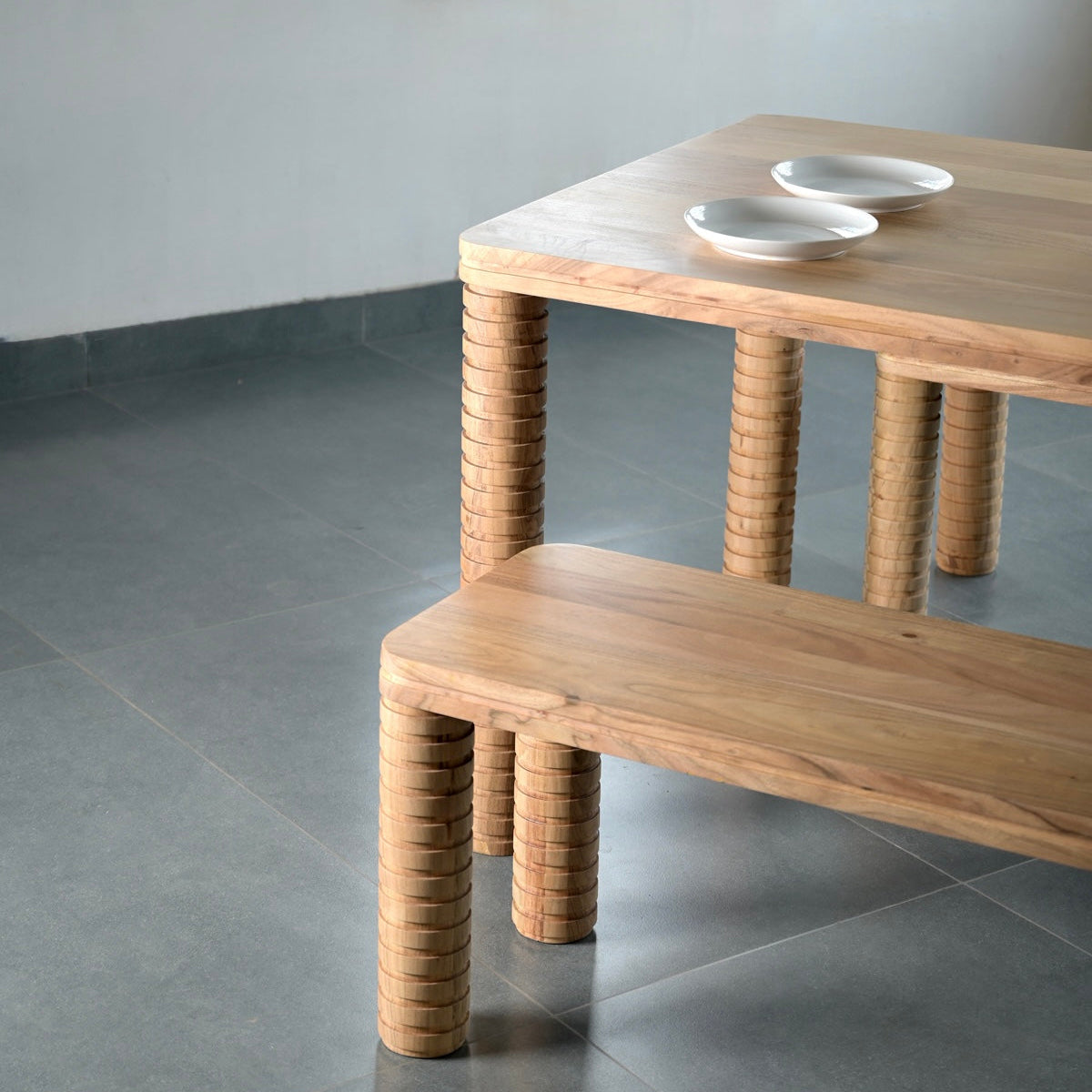 Sakura Solid Acacia Wood Dining Table and Bench Set