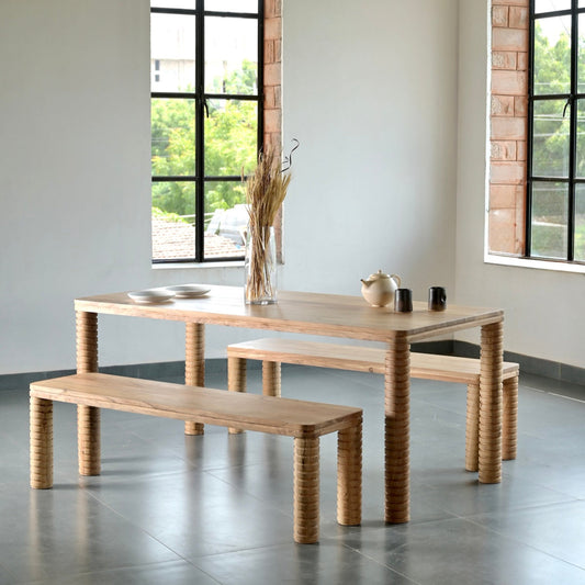 Sakura Solid Acacia Wood Dining Table and Bench Set