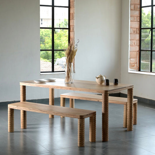 Sakura Solid Acacia Wood Dining Table and Bench Set