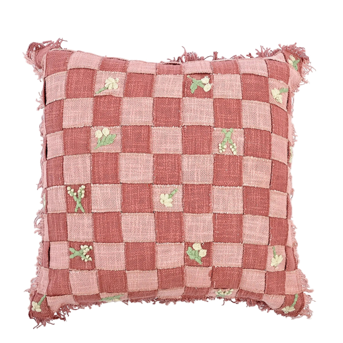 Harley Hand Embroidered Checkerboard Cushion with Fringe Trim in Pink 46 x 46cm