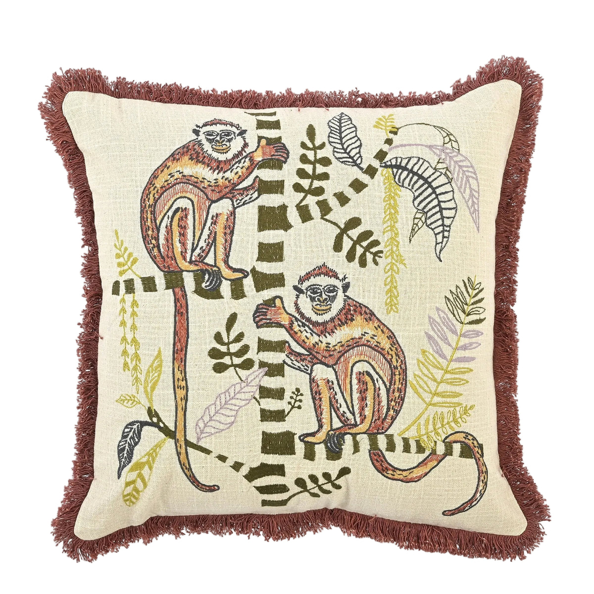 Momo Embroidered Handmade Jungle Cushion with Fringe Trim 46 x 46cm